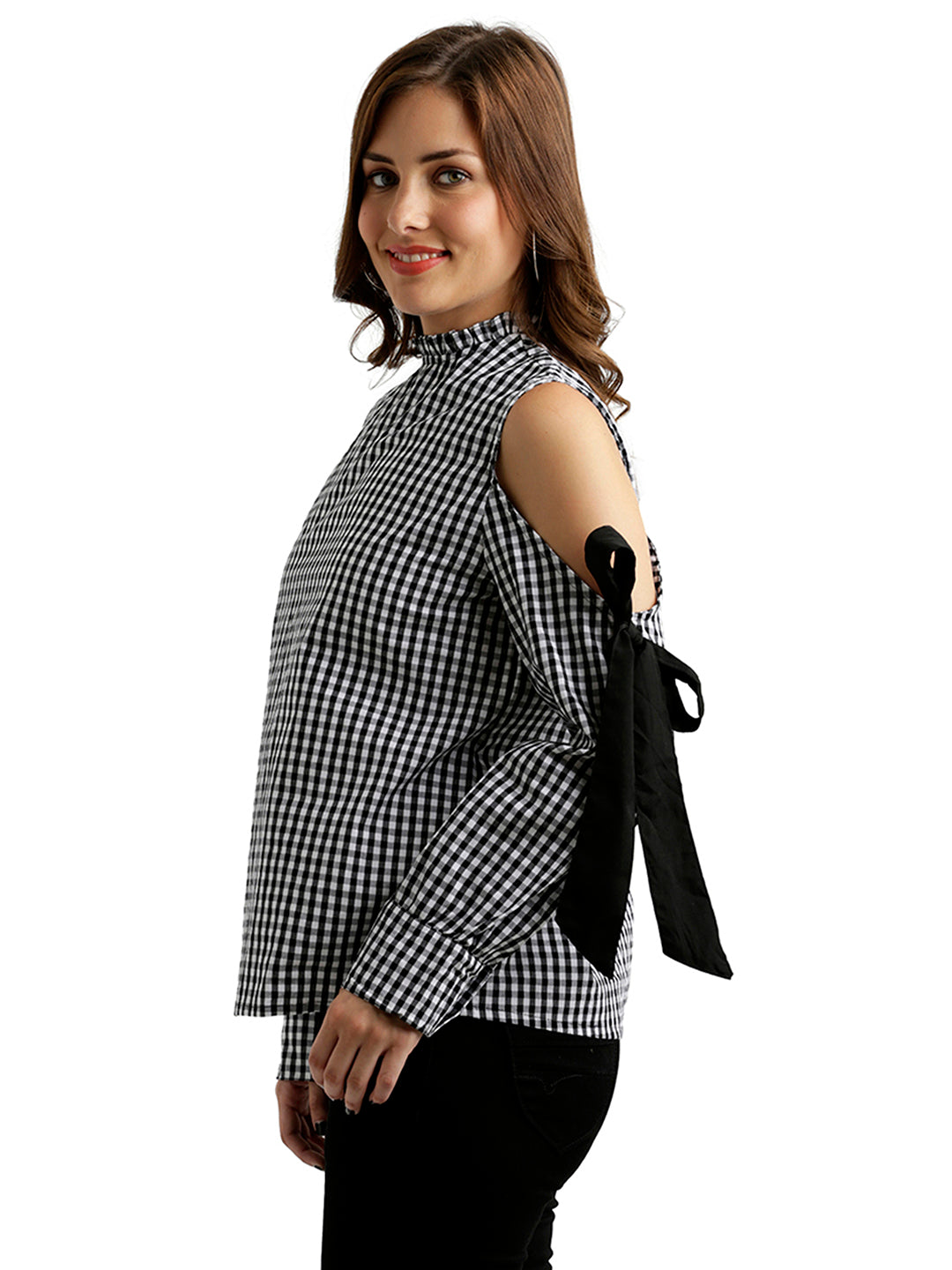 Women's Black And White Ruffled Round Neck Tie-Up Full Sleeve Cotton Checkered Frilled Cold Shoulder Top