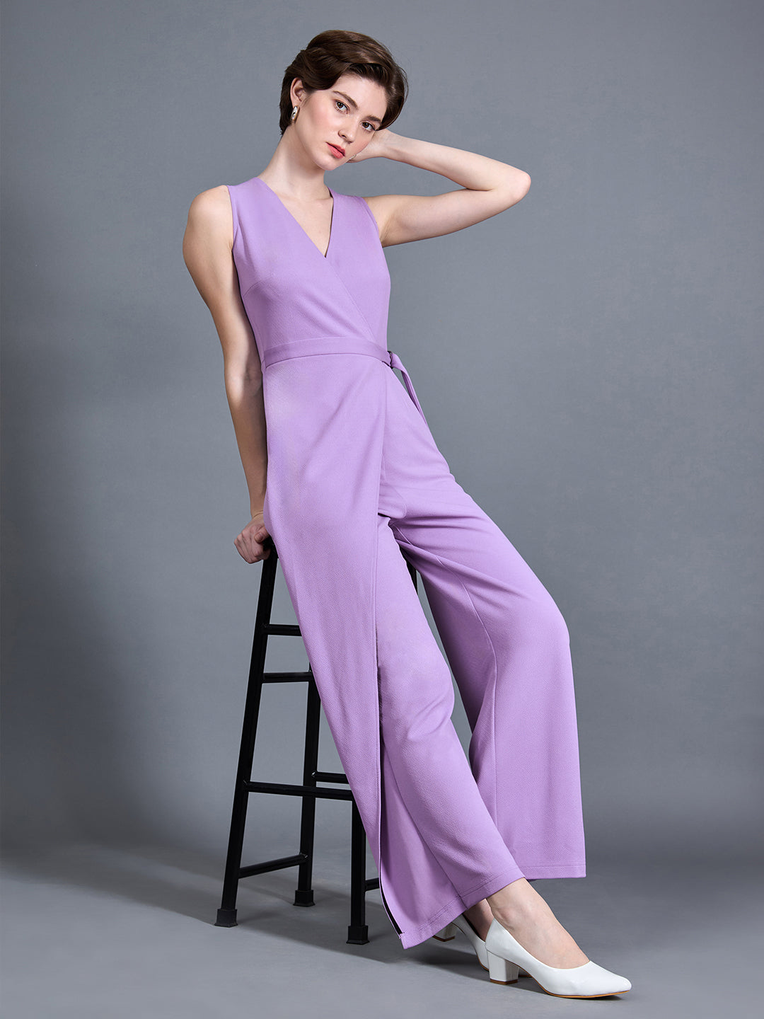 Women's Light Lavender V-Neck Sleeveless Solid Wrap Jumpsuit