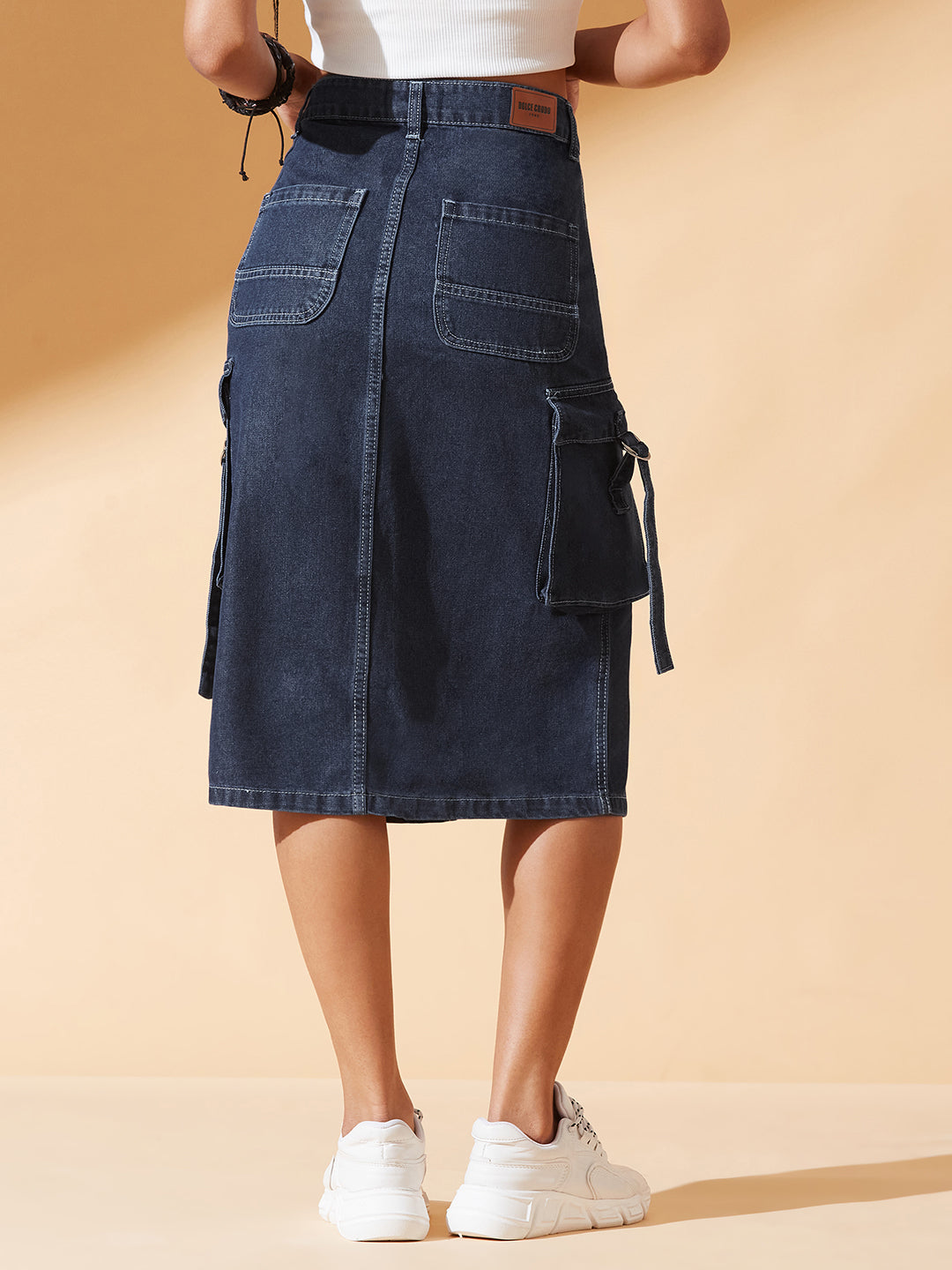 Navy-Blue Straight-Fit High-Rise Midi Denim Skirt for Women