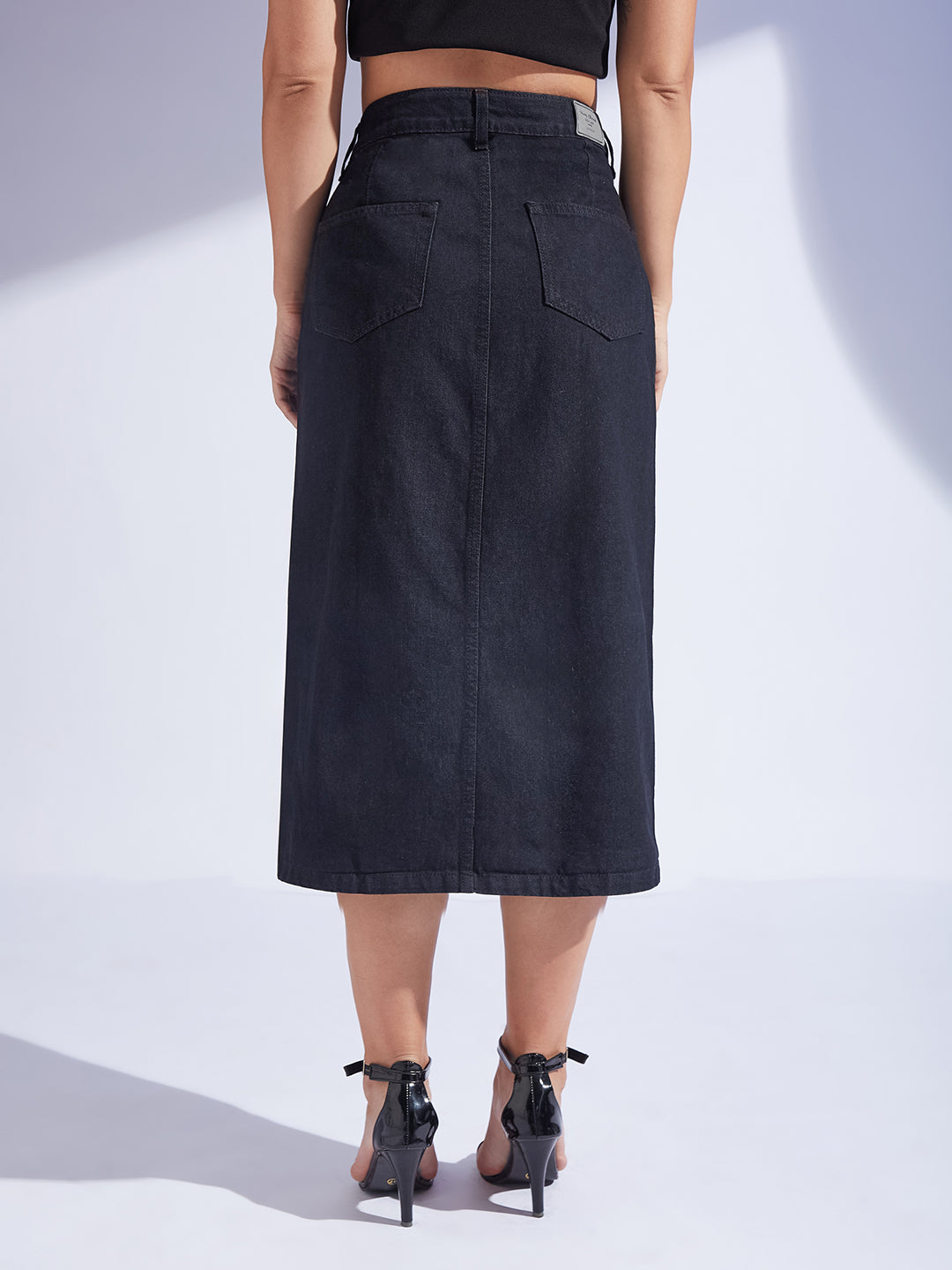 Women's Black Straight-Fit High-Rise Stretchable Denim Midi Skirt