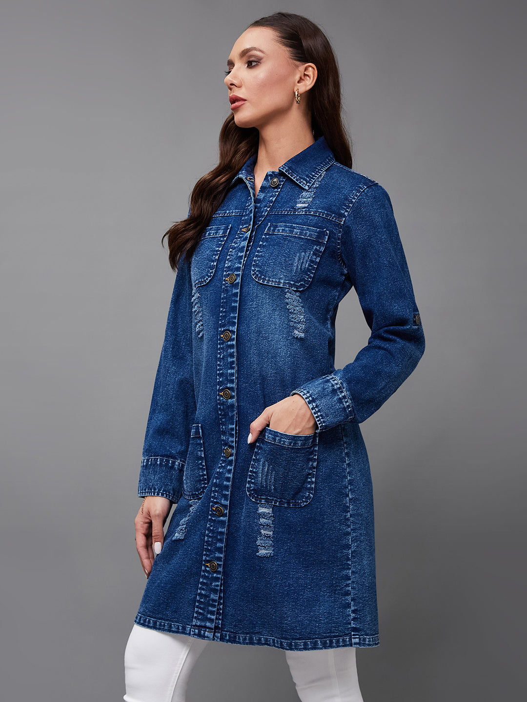 Women's Navy Blue Solid Polo Neck Full Sleeves Patch Pocket Denim Overcoat Knee-Length Jacket
