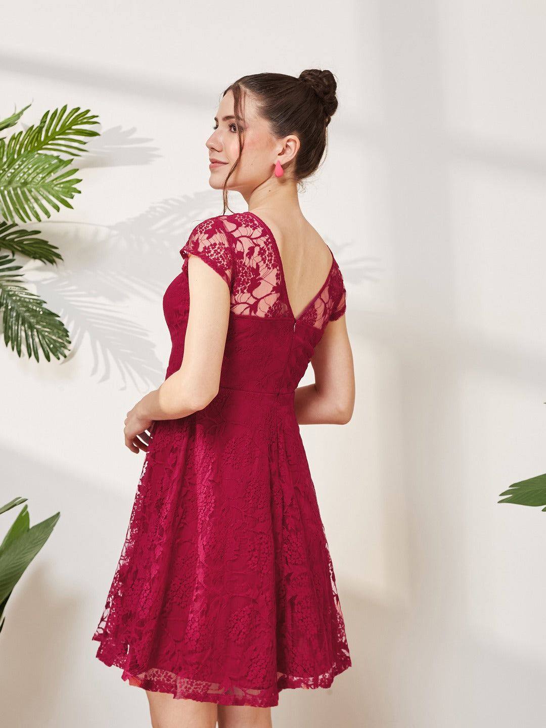 Dark Pink Round Neck Cap Sleeves Low Back Lace Skater Dress for Women