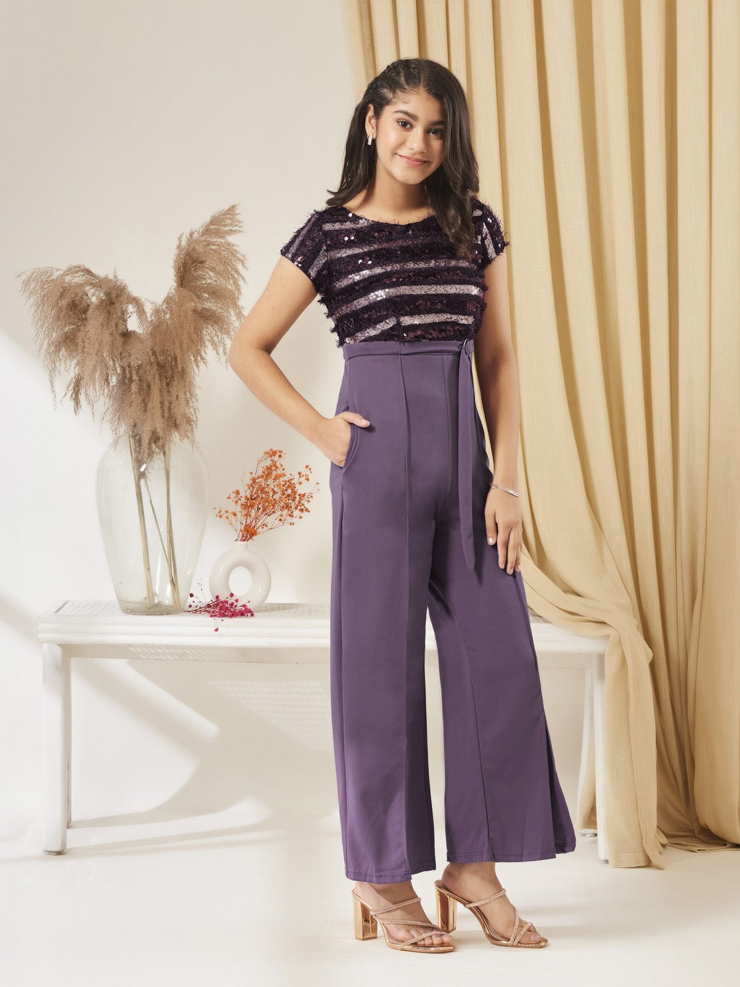 Purple Round Neck Short Sleeve Embellished Front Slit Fringed Regular Jumpsuit for Girls/Teenagers