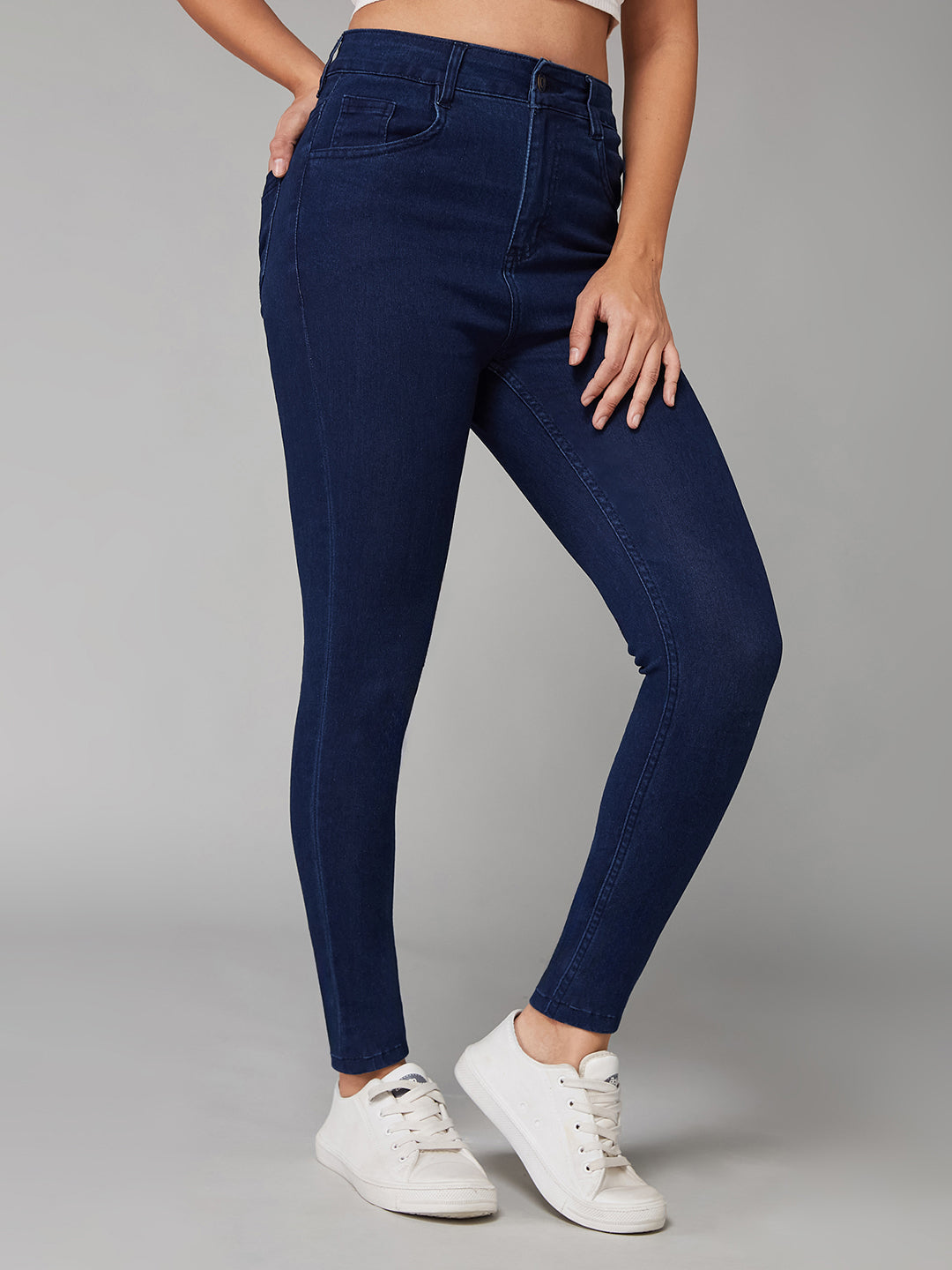 Women's Navy Blue Skinny High-Rise Clean-Look Regular Stretchable Denim Jeans