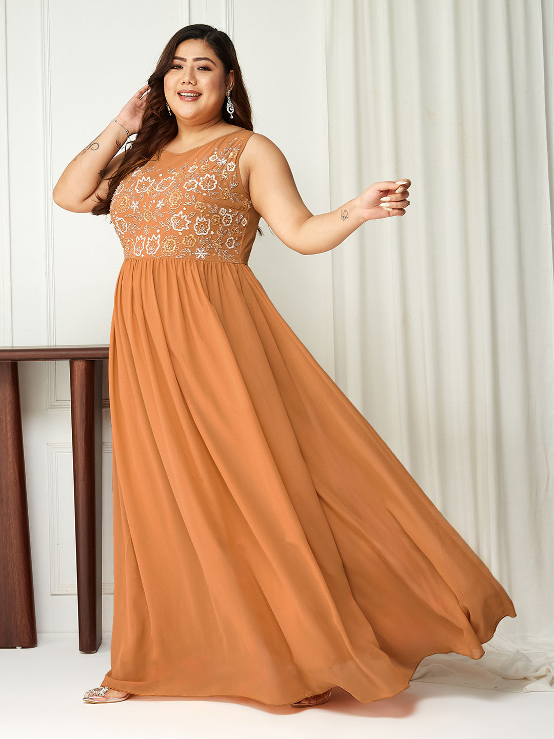 Dusty Orange Sleeveless Fit and Flare Sequinned Maxi Dress Long Dress Frock for Women