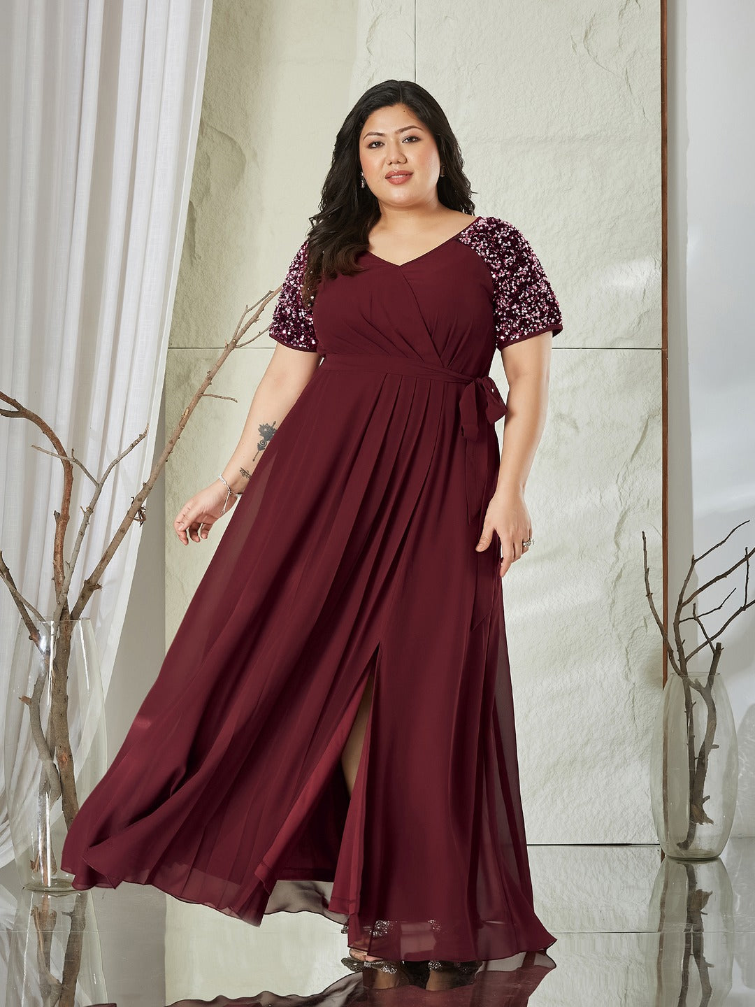 Wine Relaxed Fit Maxi Georgette Dress for Women