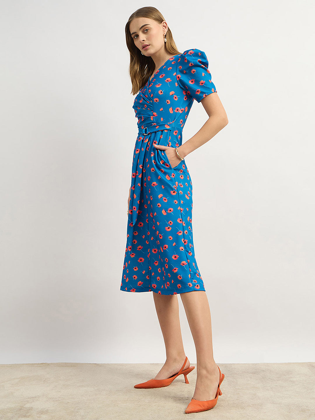 Women's Multicolored-Base-Blue V-Neck Pleated Puff Sleeve Floral Patterned Wrap Midi Polyester Dress