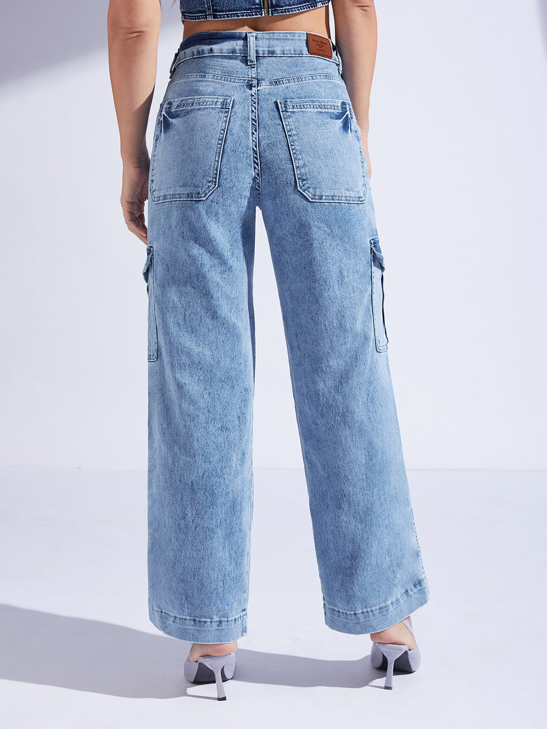 Women's Light Blue Wide-Leg High-Rise Stretchable Flared Cargo-Style Denim Jeans