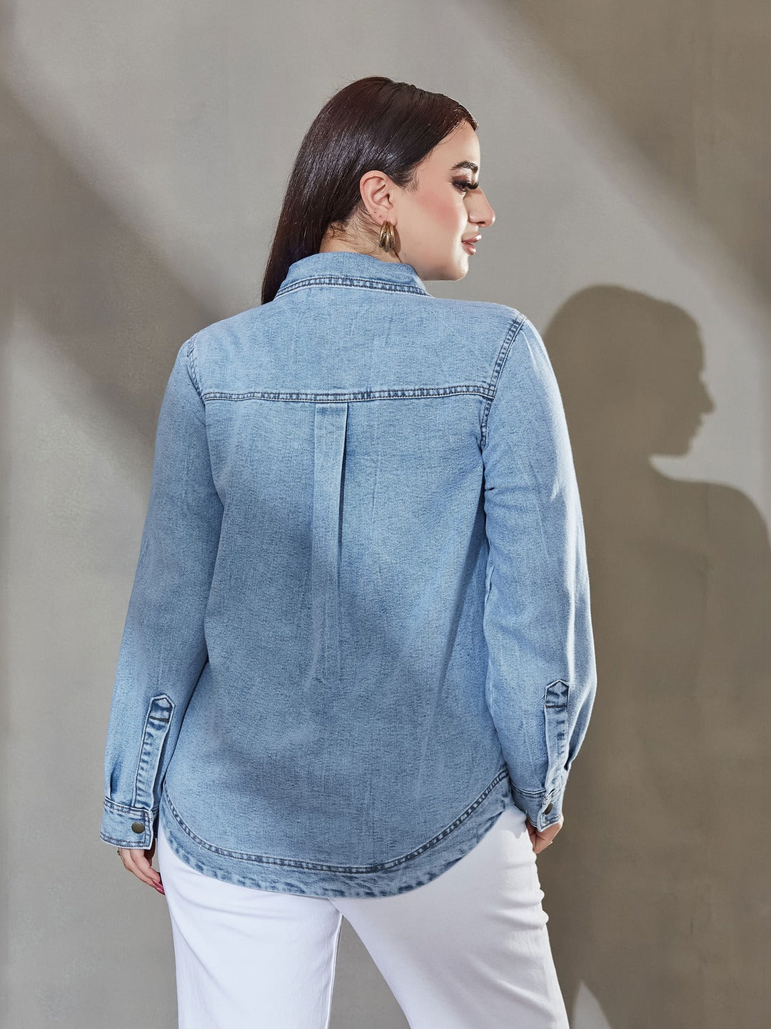 Light Blue Asymmetric Denim Shirt - Full Sleeves, Relaxed Fit, Collared for Women