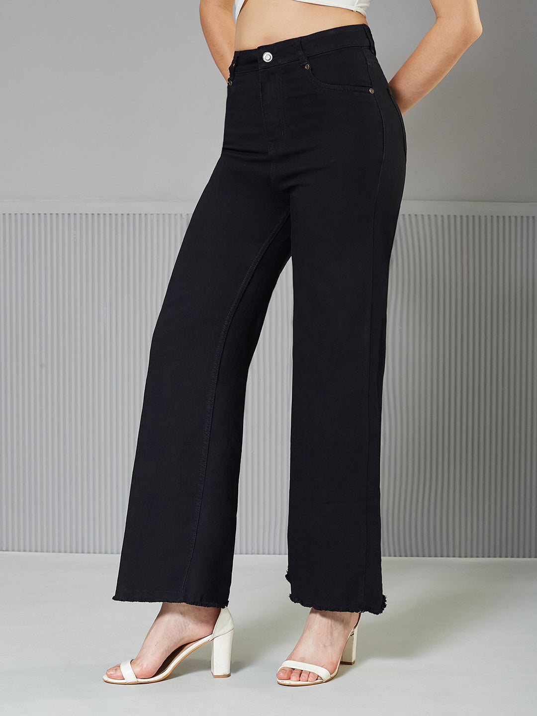 24/7 Comfort Black High-Rise Stretchable Wide-Leg Denim Jeans for Women