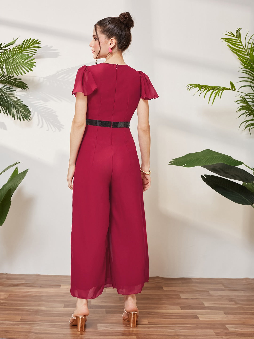 Pink Solid Relaxed Fit Short Sleeve V-Neck Ankle-Length Straight Jumpsuit for Women