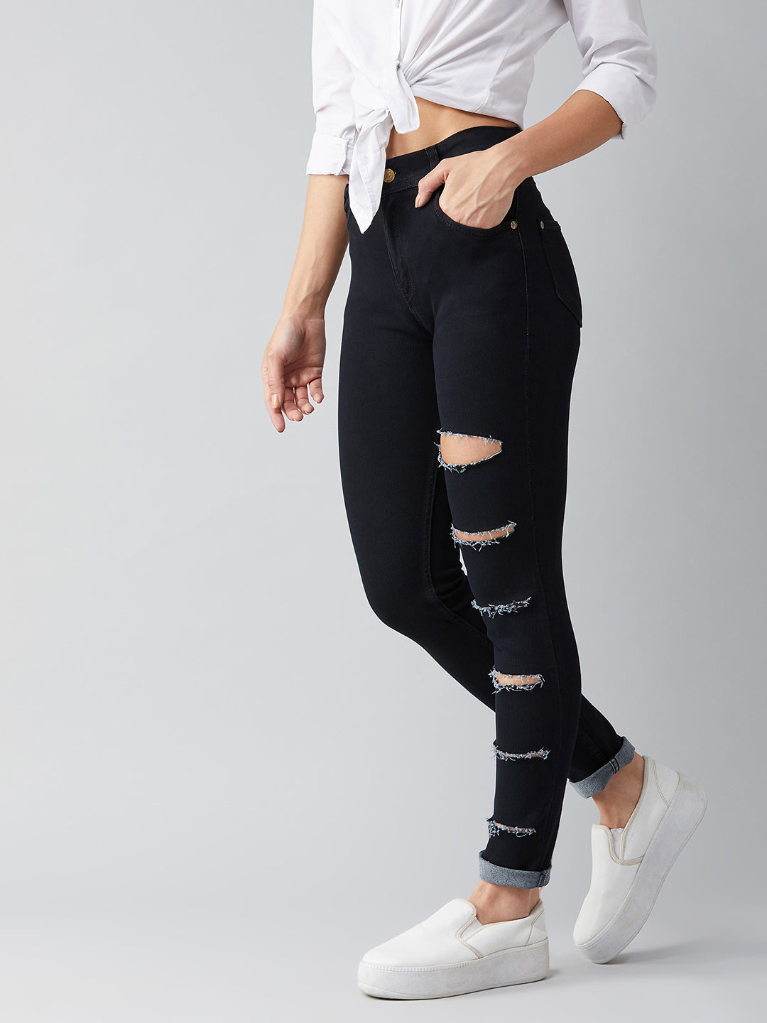 Women's Black Slim High-Rise Distressed Denim Jeans