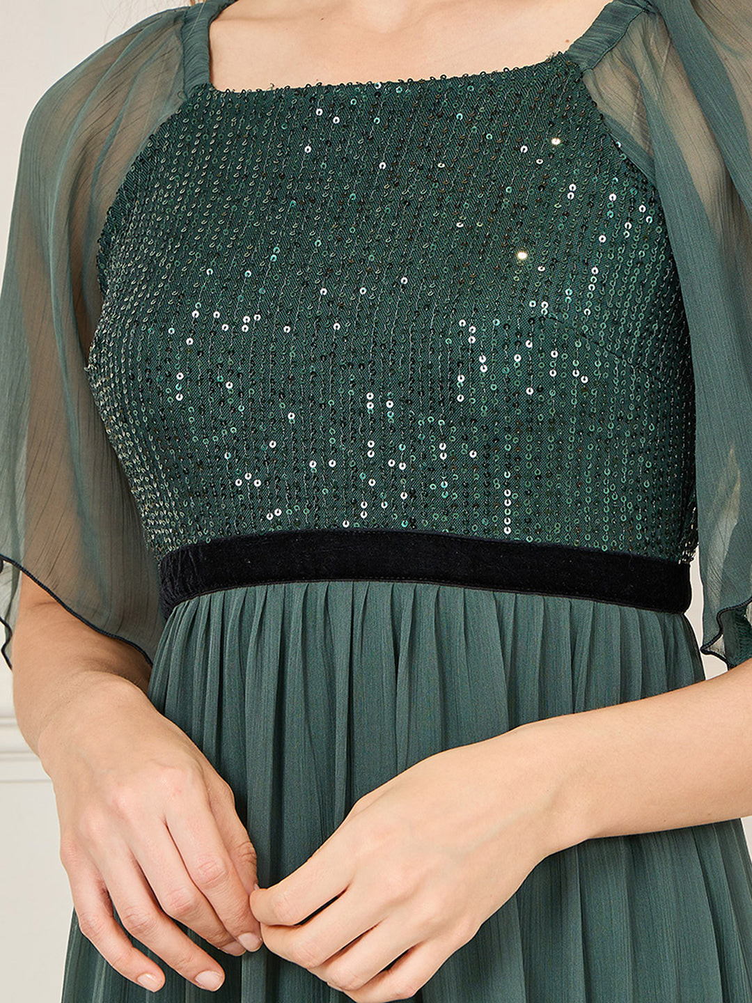 Women's Dark Green Embellished Square-Neck Flared Sleeves Side Pocketed Chiffon Tiered Longline Dress