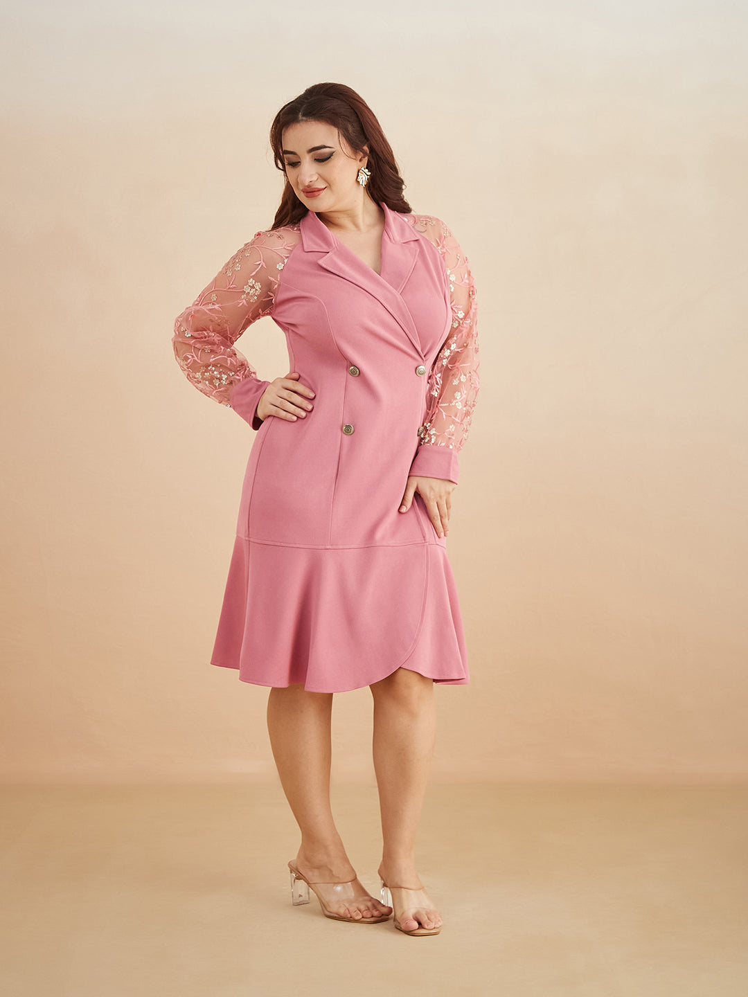 Dusty Pink & Golden Solid Embroidered Double Breasted Knee Length Dress for Women