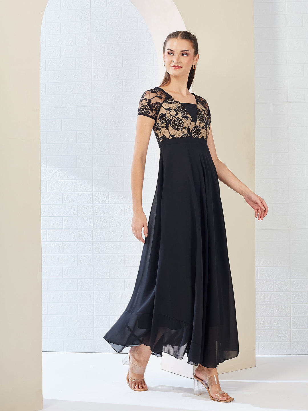 Black Square Neck Raglan Short Sleeve Self Design Lace Overlaid Georgette Maxi Dress for Women