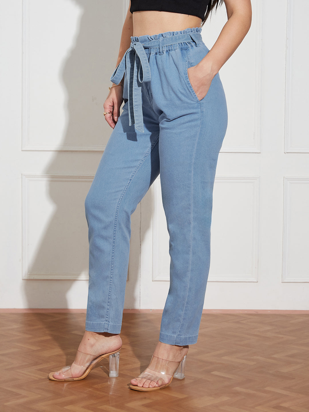 Women's Light-Blue Paperbag-Fit High-Rise Clean-Look Regular-Length Stretchable Denim Jeans