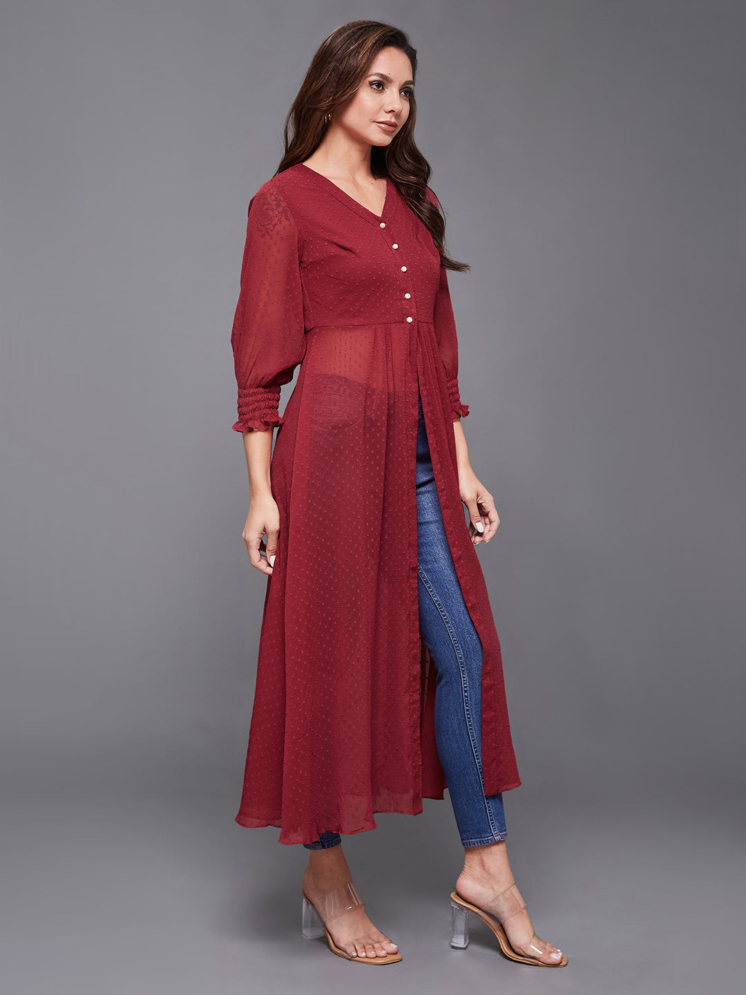 Women's Maroon V-Neck 3/4 Sleeves solid empire Maxi Top