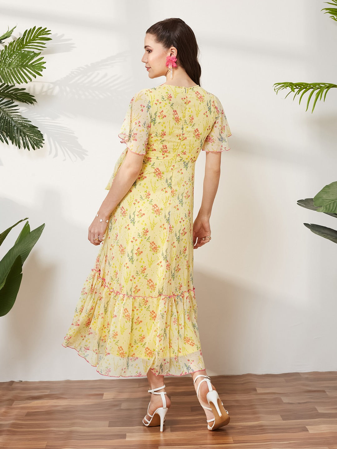 Yellow V Neck Flared Sleeve Floral Wrap Maxi Dress for Women