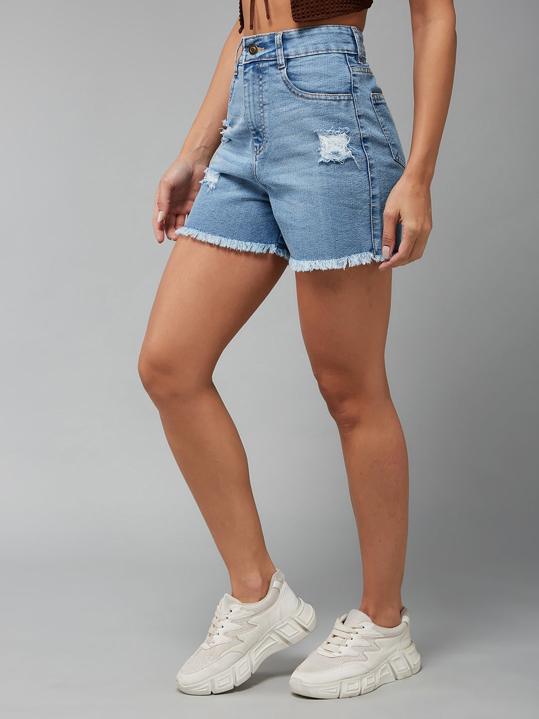 Light-Blue Relaxed Fit Light Weight Mid-Rise Highly Distressed Denim Shorts for Women