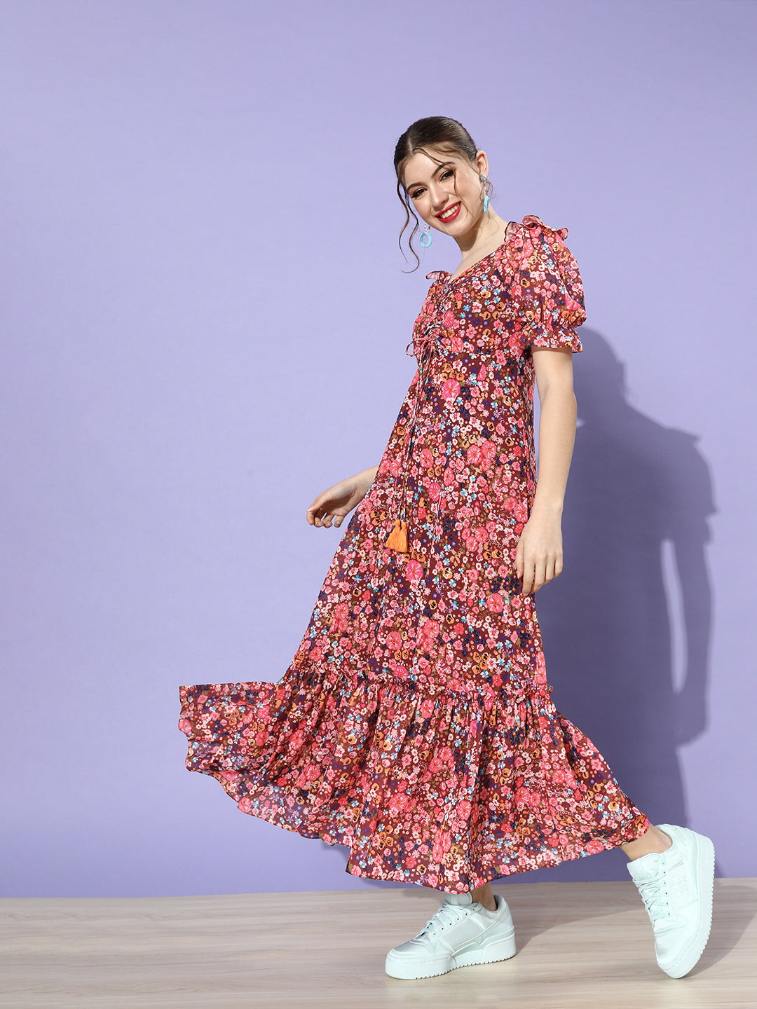 Women's Multicolored-Base-Wine V-Neck Puff Sleeve Floral Ruching Ankle-Length Dress