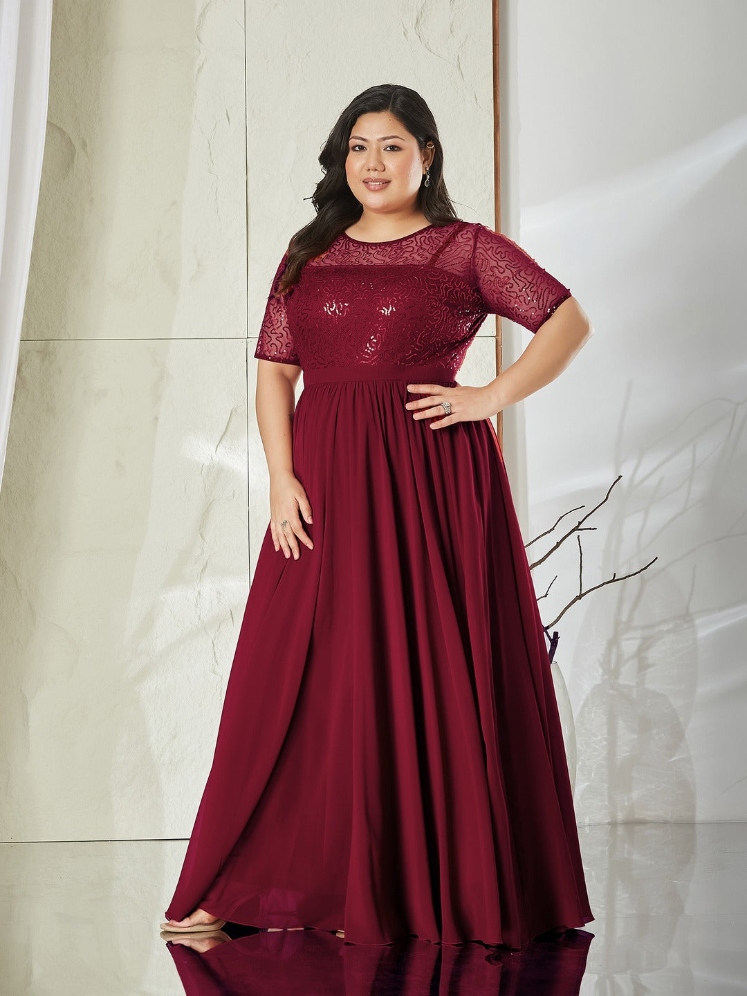Maaroon Relaxed Fit Maxi Georgette & Sequins Dress for Women