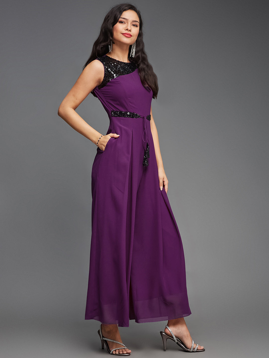 Women's Dark Purple Sequined Relaxed Fit Sleeveless Round Neck Ankle-Length Straight Party Jumpsuit