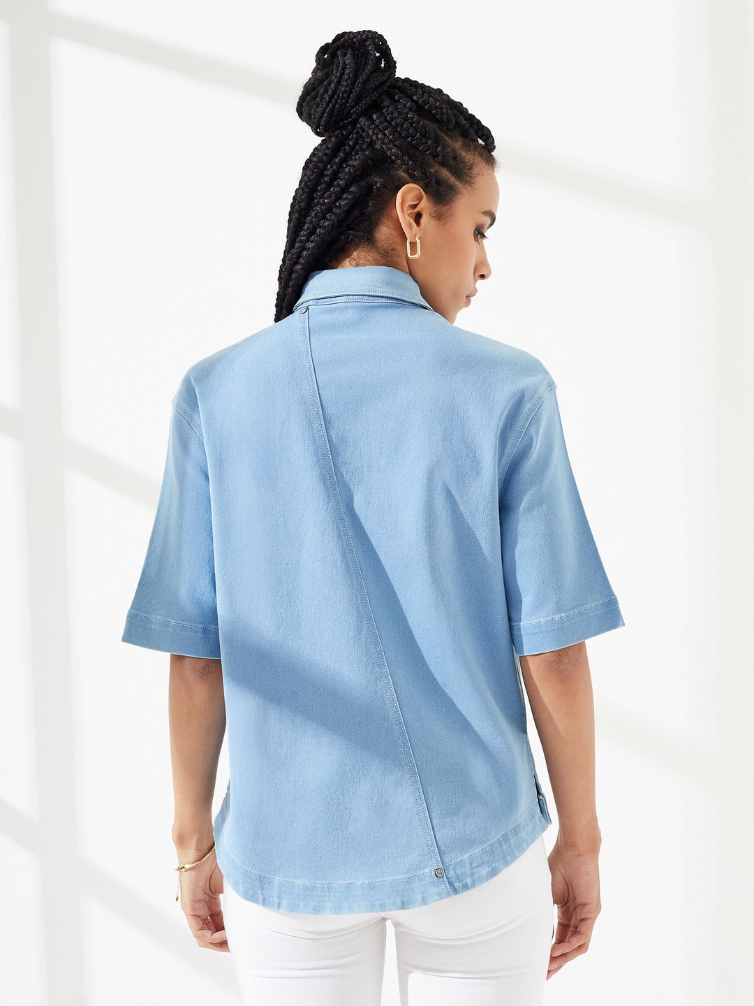 Light Blue Shirt Collar Half-Sleeves Asymmetrical Panelled Denim Shirt for Women