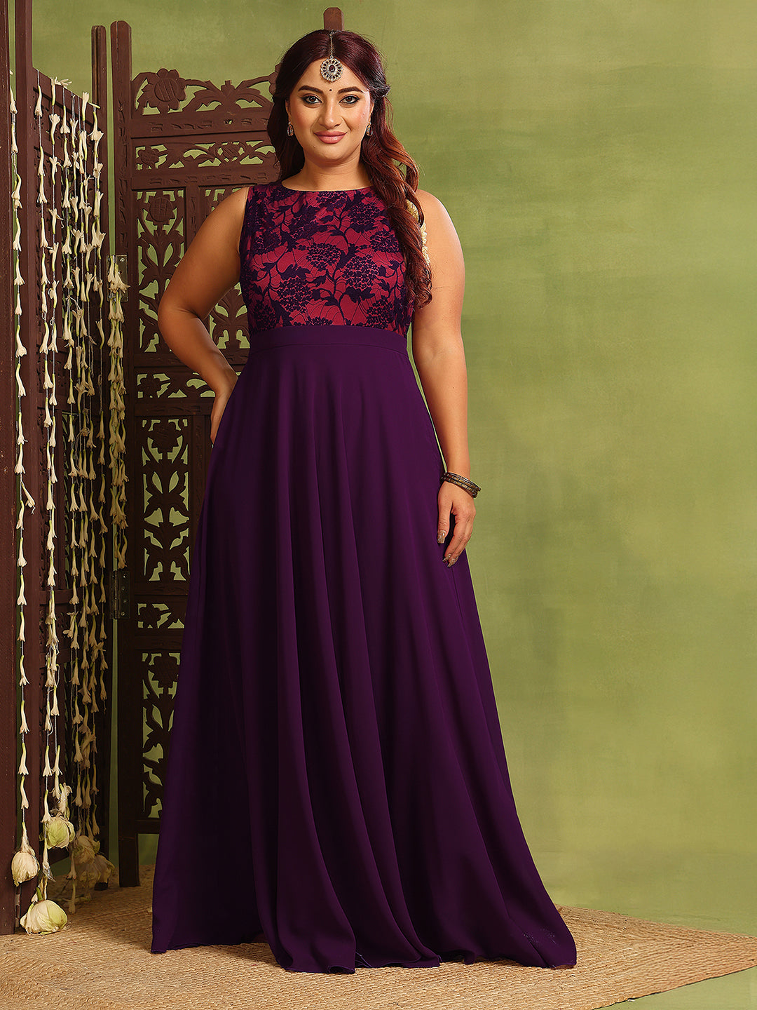 Women's Dark Purple Sleeveless Georgette & Lace Floral Fit & Flare Maxi Dress