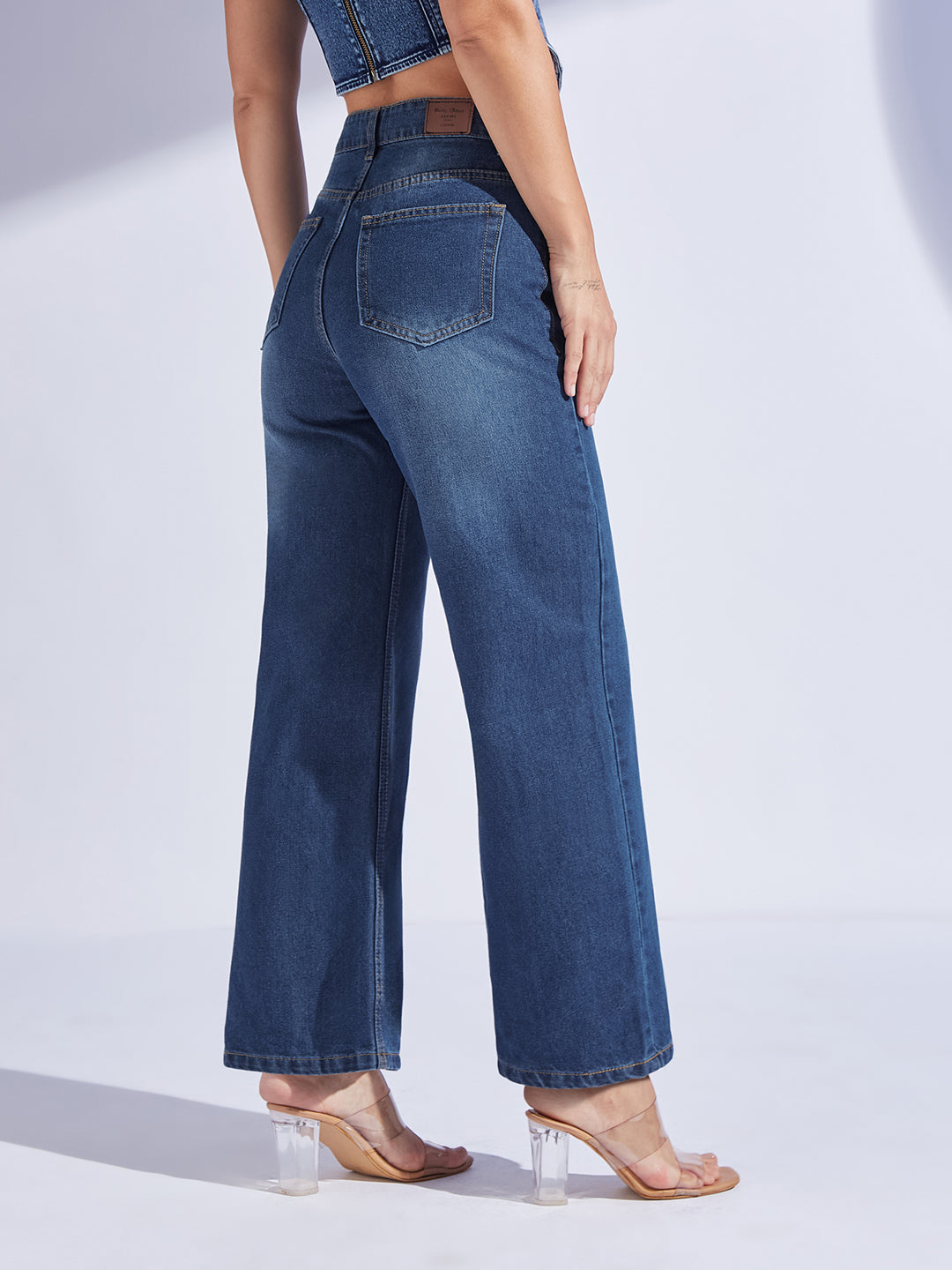 Women's Navy Blue Wide-Leg High-Rise Clean-Look Regular-Length Denim Jeans
