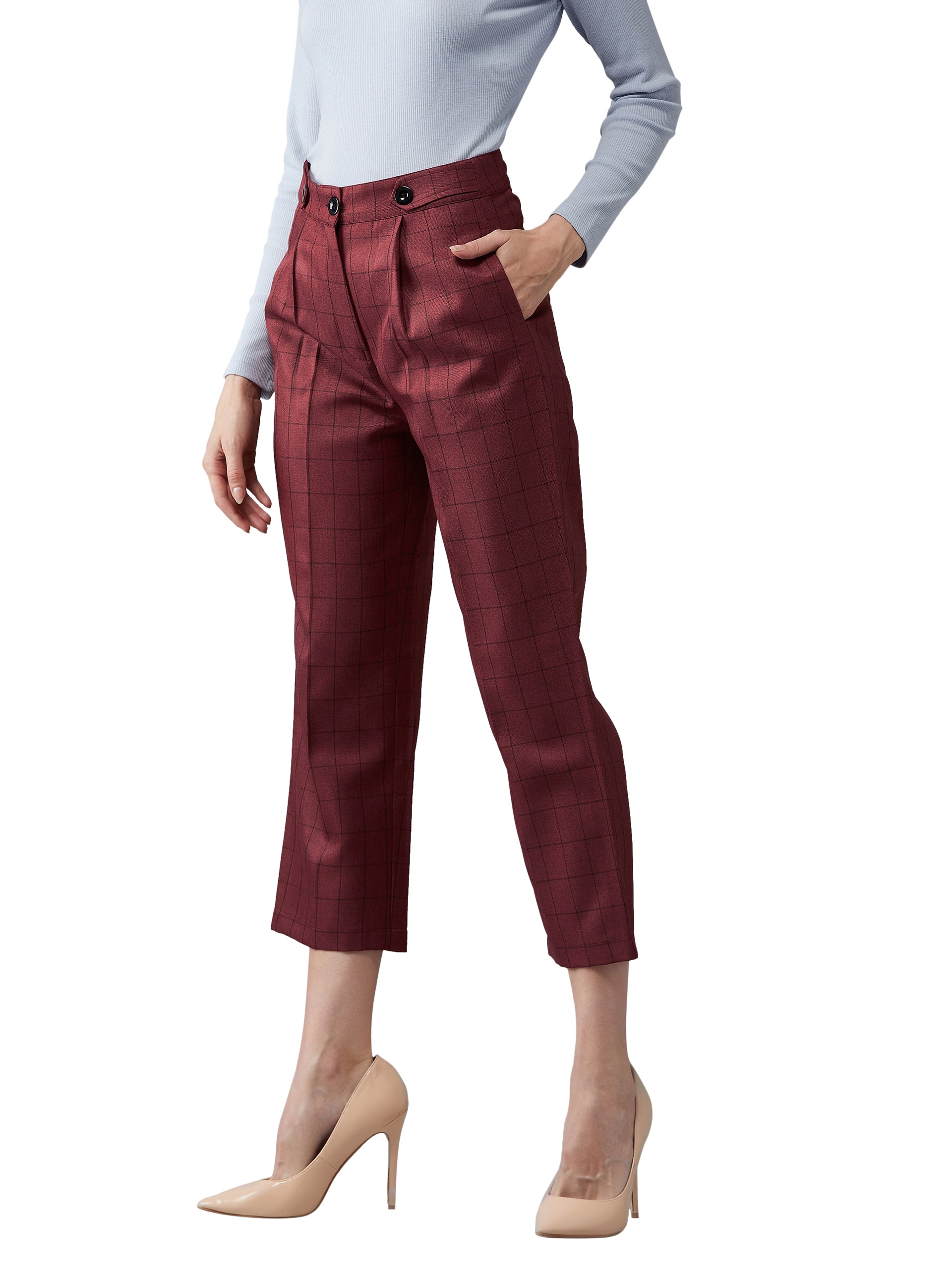 Women's Maroon Checkered Pleated Regular Length Trouser