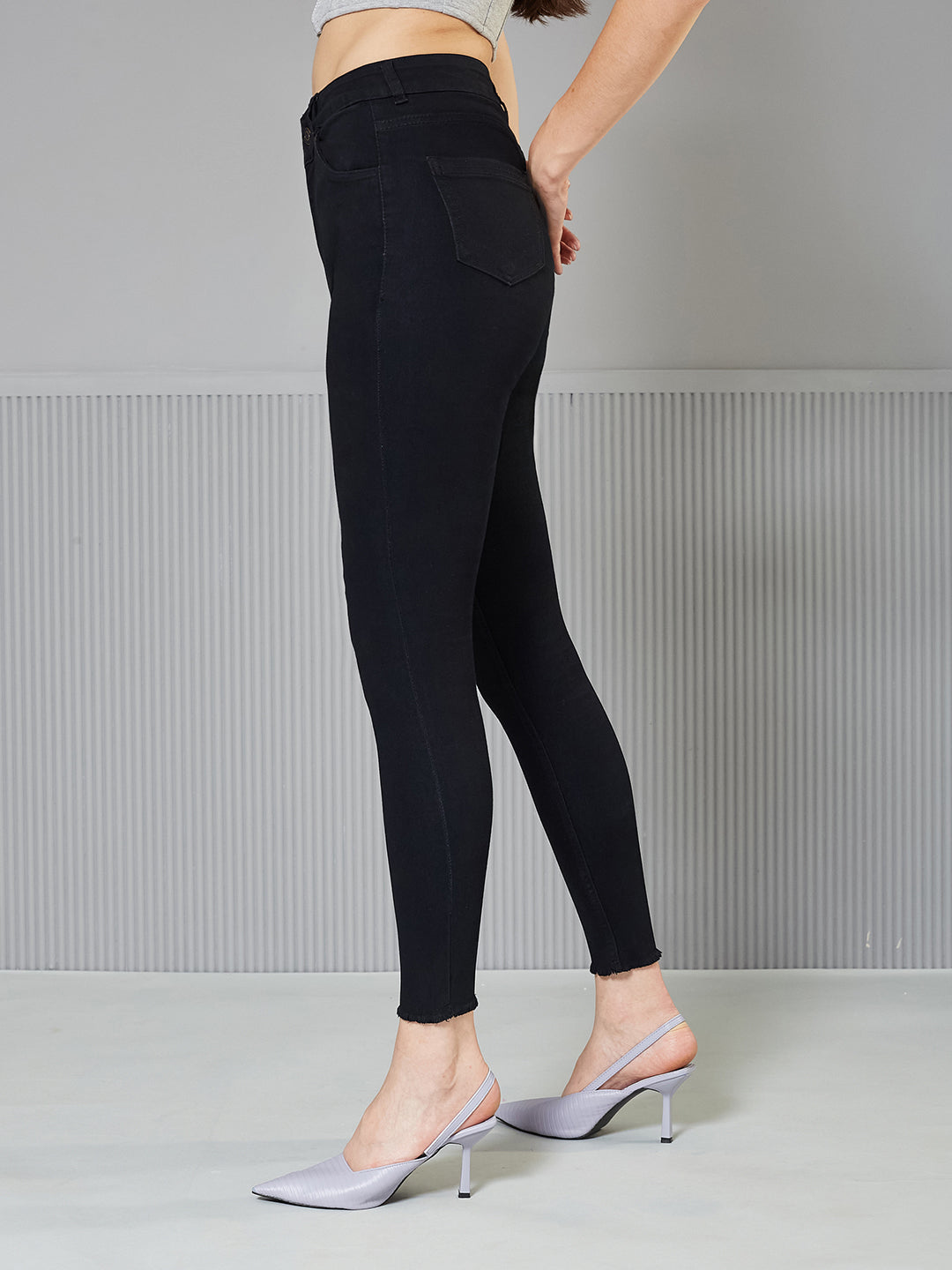 Black Skinny-Fit Fringed Detailing High-Rise Solid Cropped Stretchable Denim Jeans for Women — Miss Chase