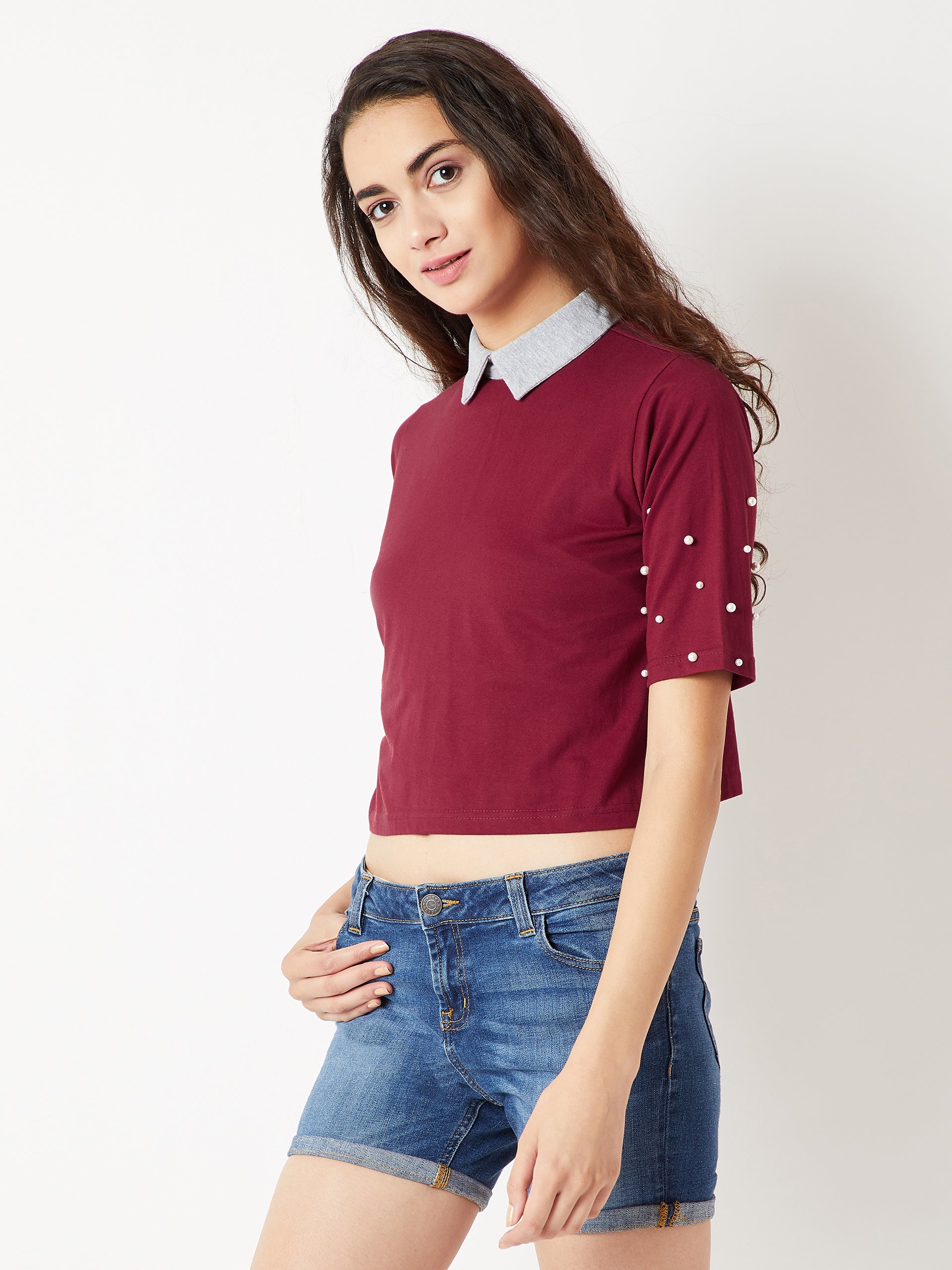 Women's Maroon & Grey Half Sleeves Round Neck Solid Collared Pearl Detailing Crop Top