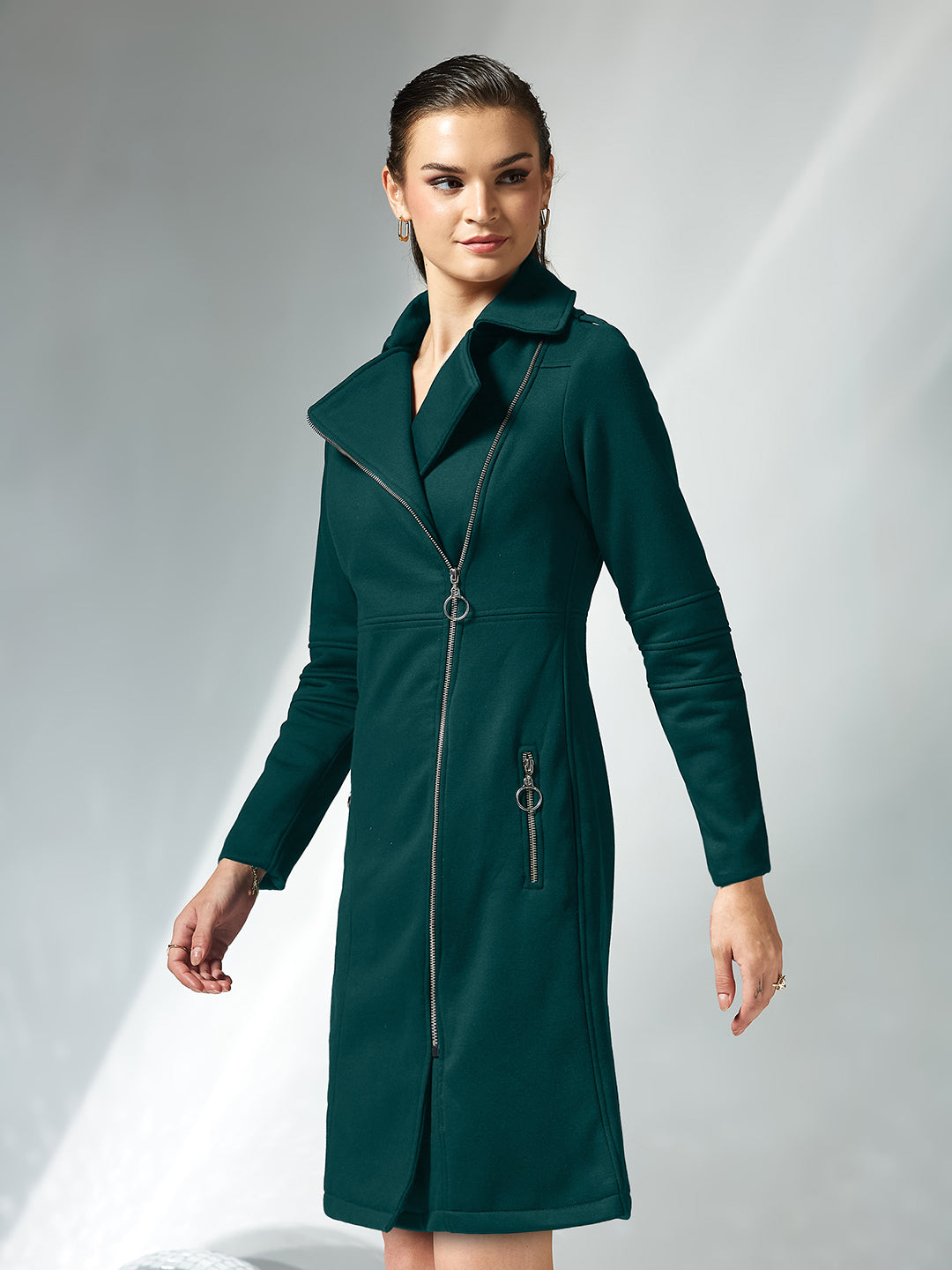 Women's Dark Green Notch Collar Multi Panelled Full Sleeve Solid Double Breasted Knee Length Jacket