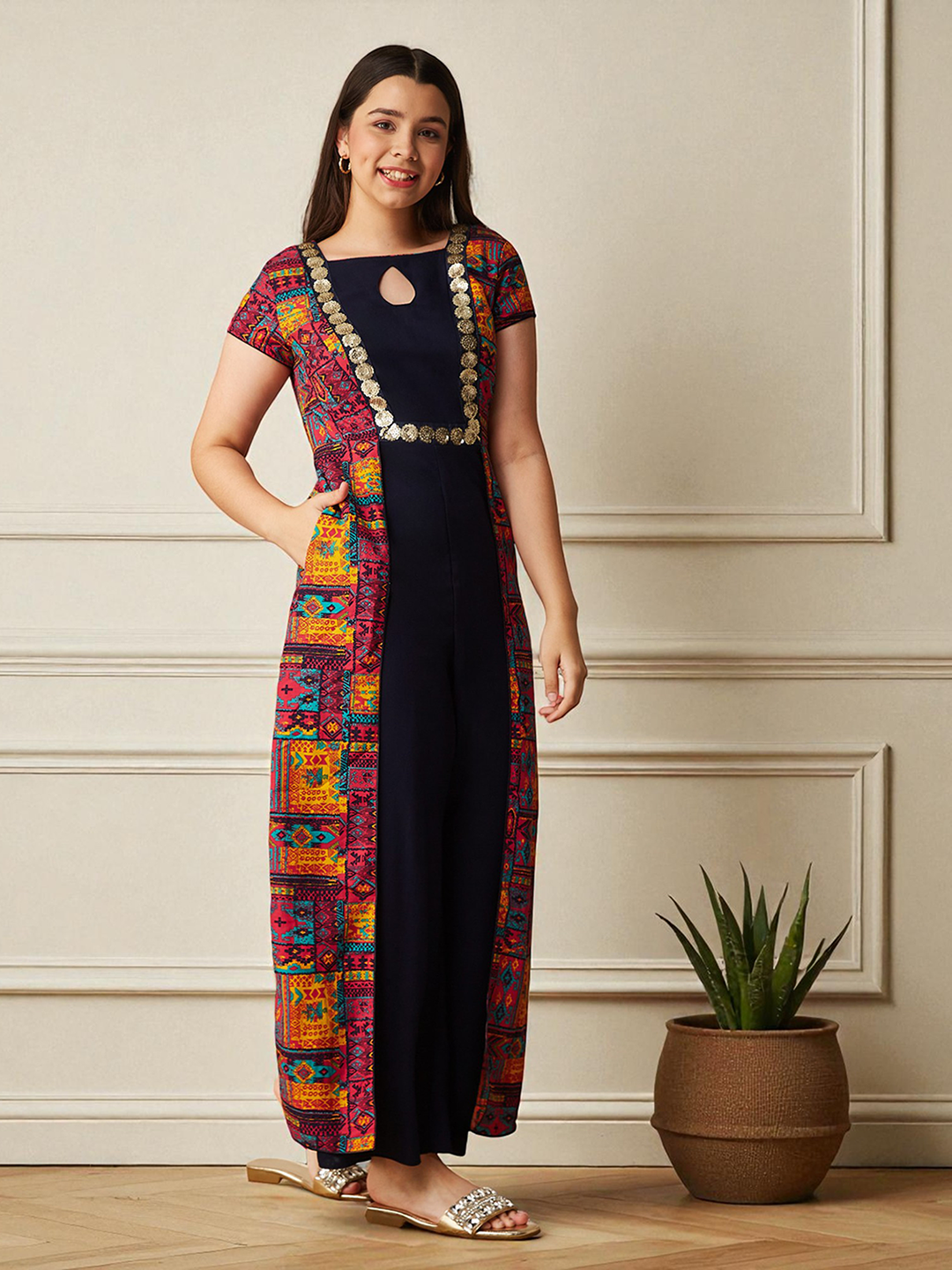 Multicolored-Base-Navy-Blue Keyhole-Neck Regular Sleeve Bohemian Paneled Viscose-Rayon Regular-Length Jumpsuit for Girls/Teenagers