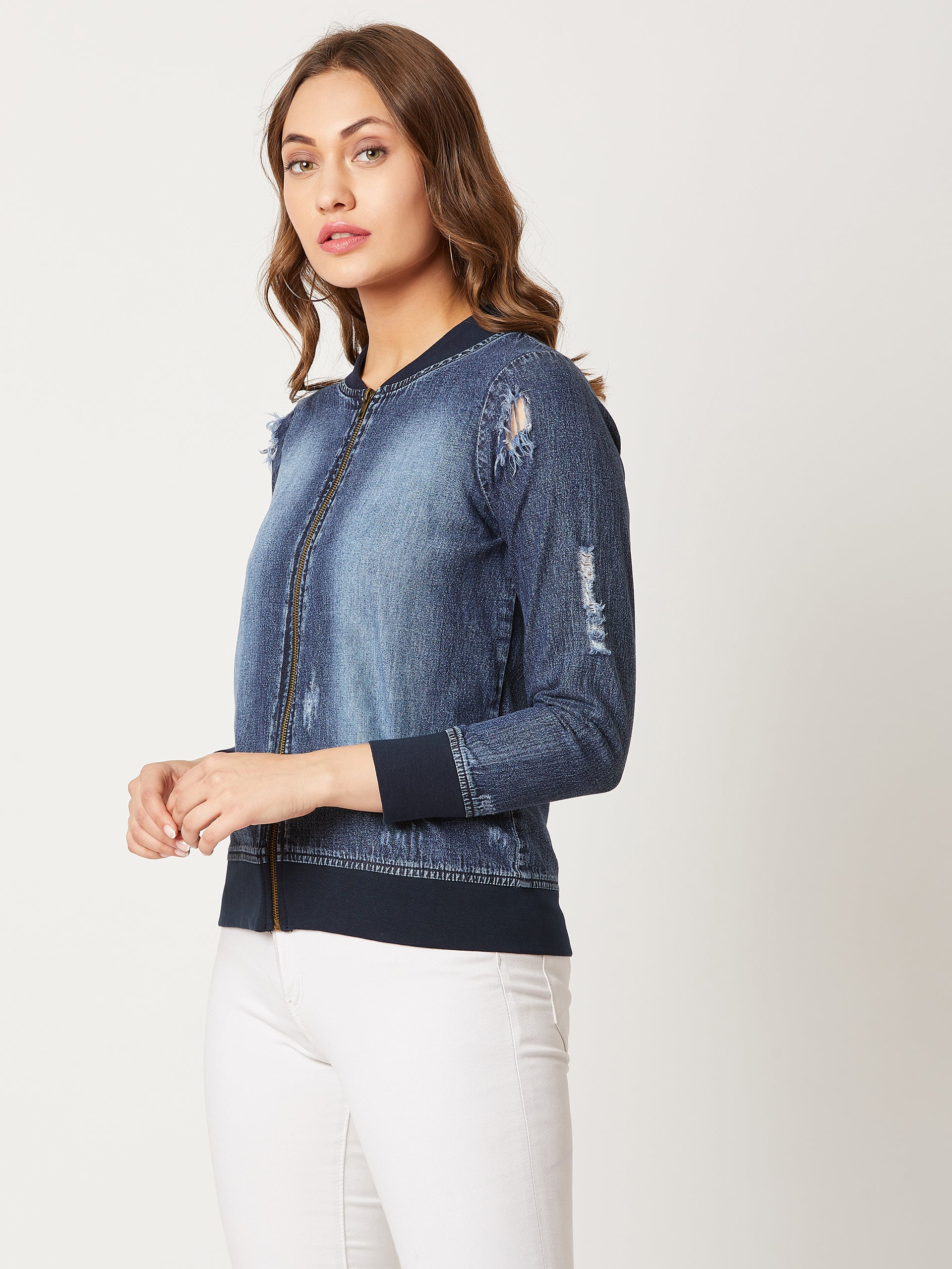 Women's Navy Blue V-Neck Full Sleeve Solid Ripped Bomber Regular Length Denim Jacket