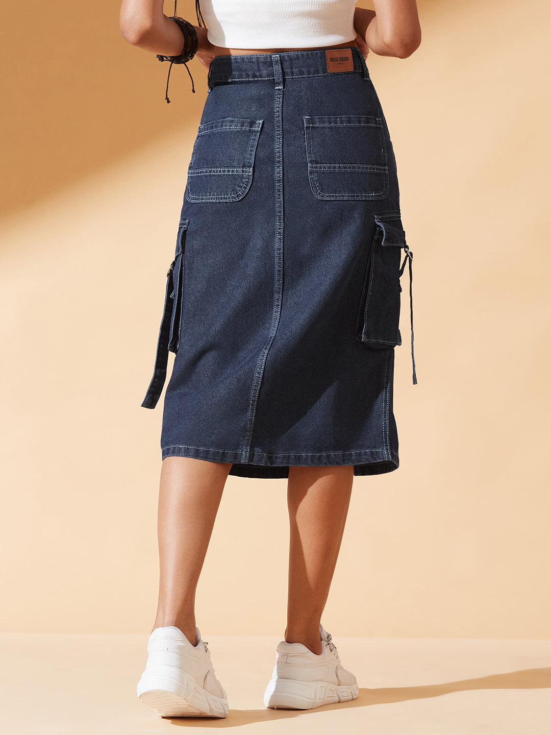 Navy Blue Straight High-Rise Midi Denim Skirt for Women
