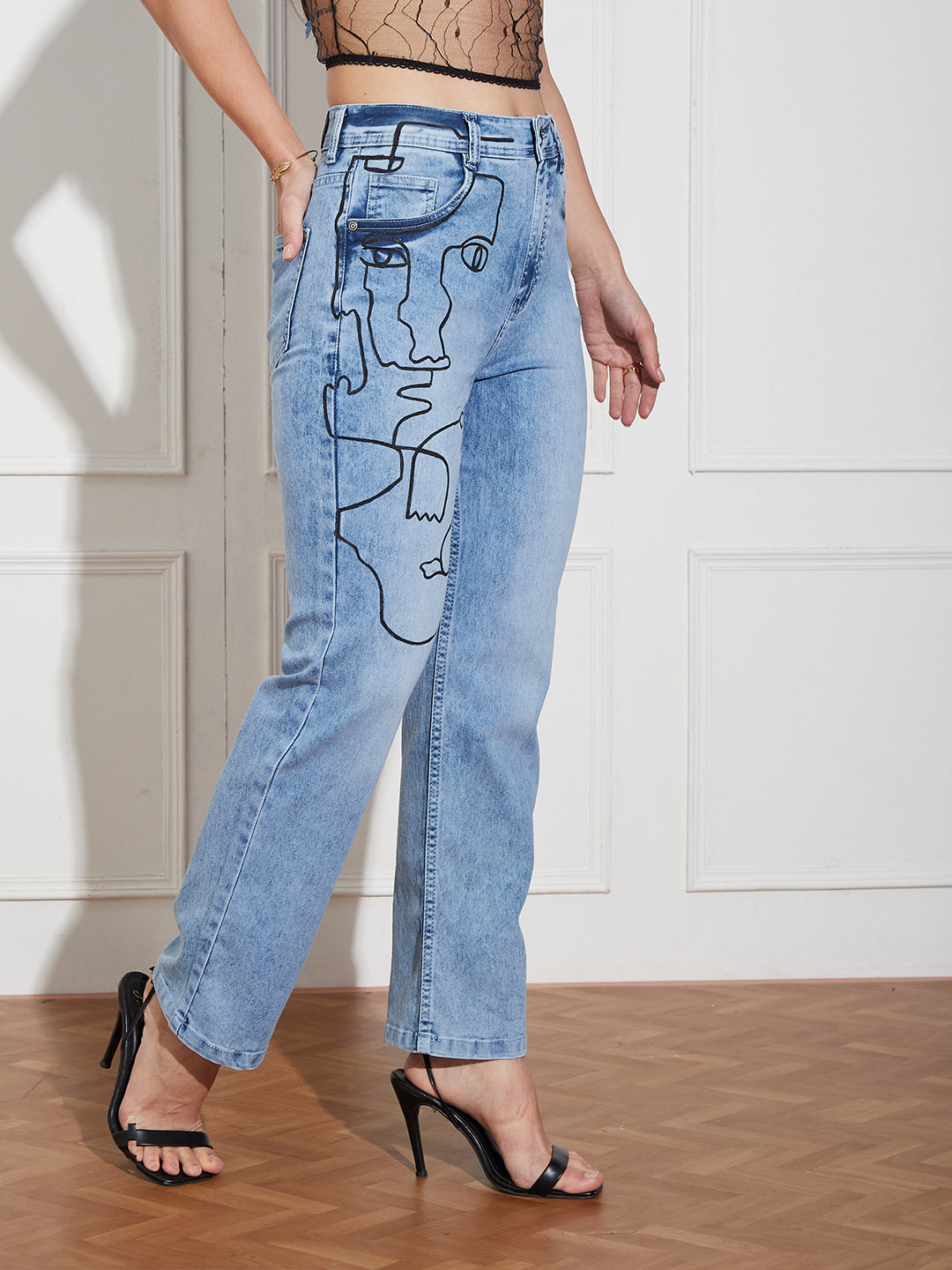 Women's Light Blue Mom Fit High Rise Hand Painted Heavy Wash Stretchable Denim Jeans
