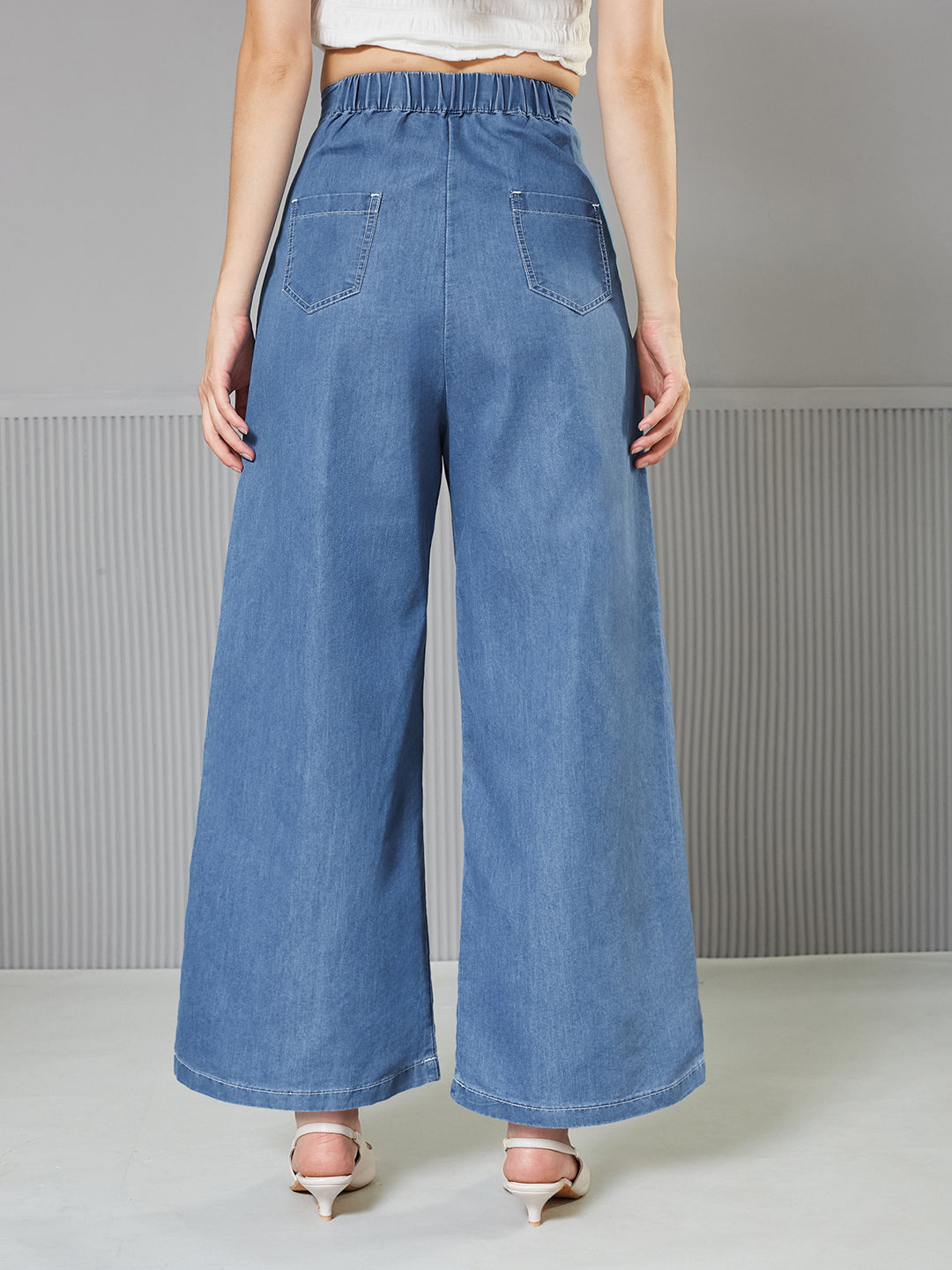 Blue Flared Wide-Leg High-Rise Regular-Length Non Stretchable Light Weight Denim Pants for Women