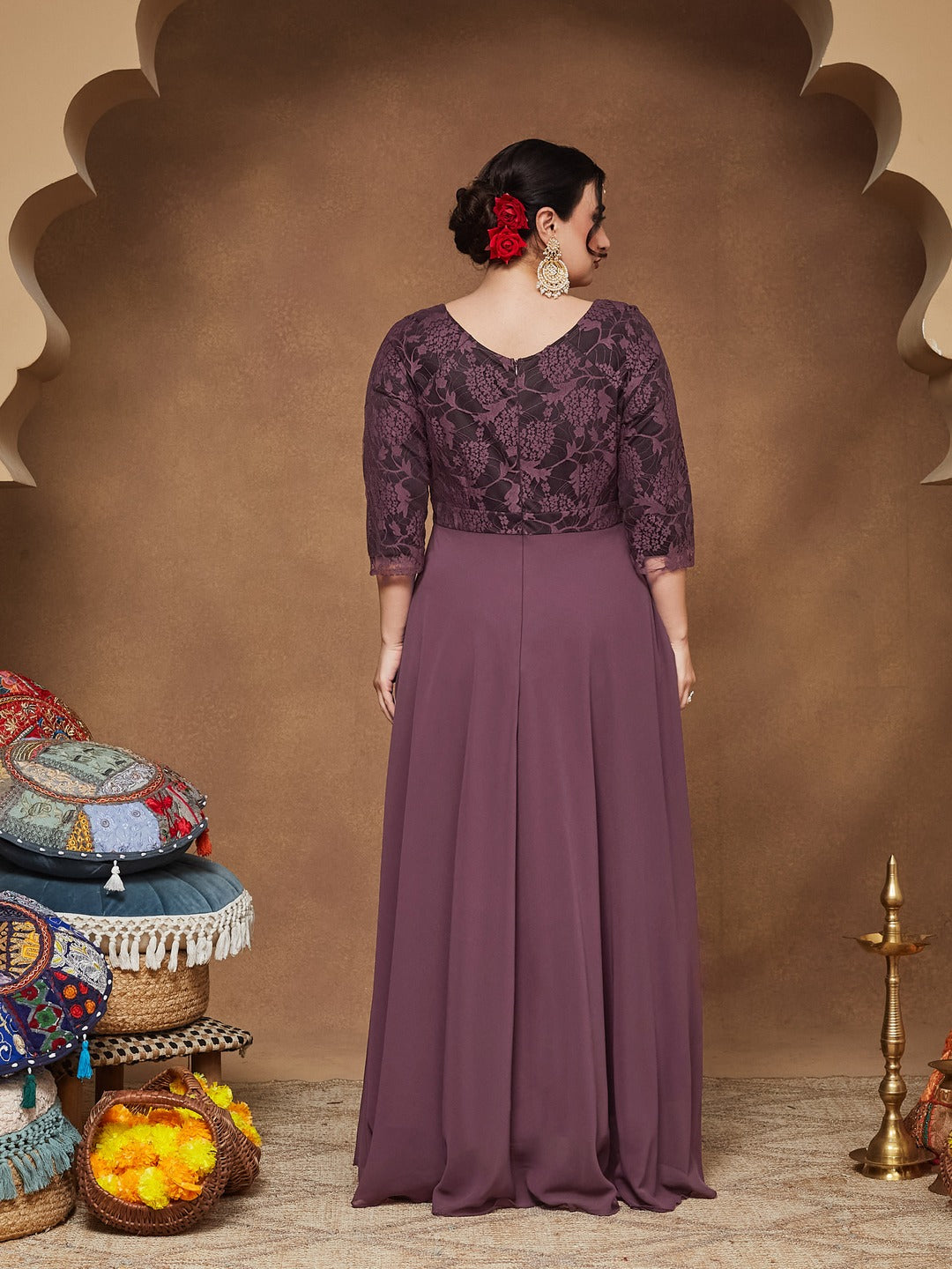 Mauve V-Neck Raglan-Sleeve Self-Designed Empire-Styled Georgette Maxi Dress for Women