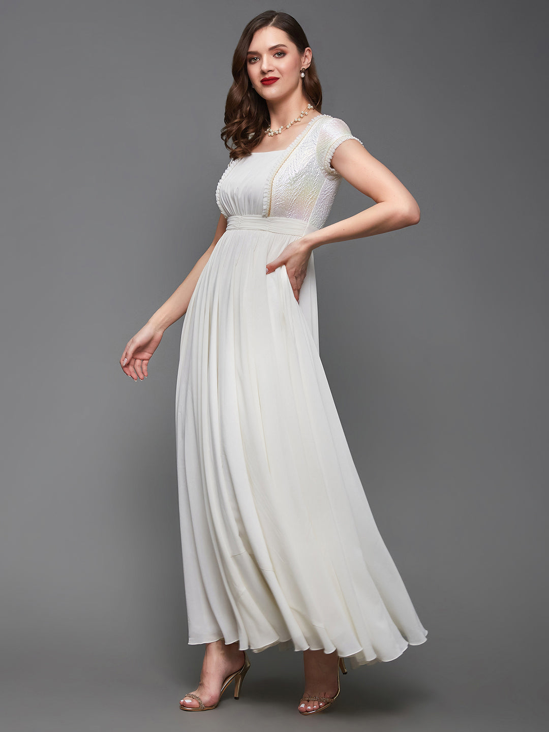 Women's Off White Square Neck Frilled Self Designed Panelled Georgette Maxi Dress