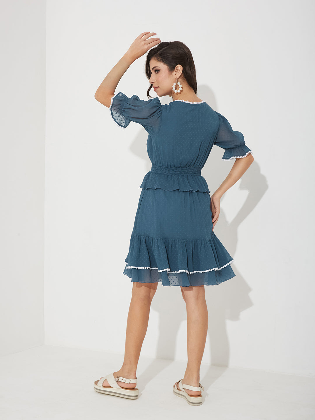 Blue V-Neck Puff Self Design Tiered/ Layered/ Overlap Knee-Long Chiffon Dress for Women — Miss Chase