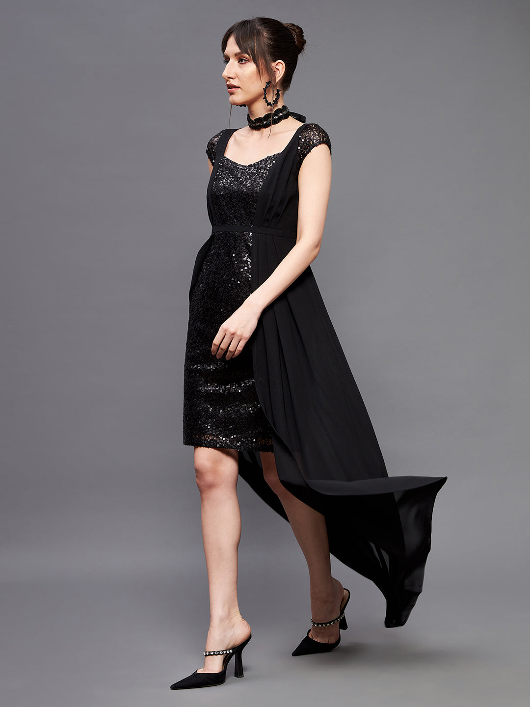Women's Black Embellished Fit & Flare Maxi Dress