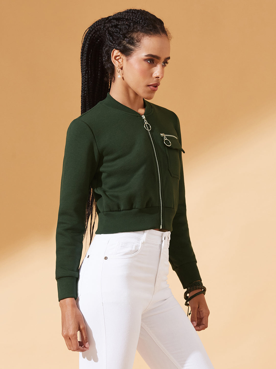 Green Stand Collar Full Sleeves Cotton Boxy/Bomber Cropped Jacket for Women