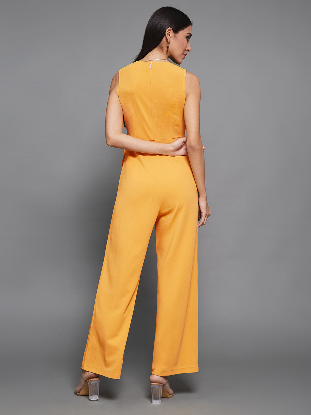 Mustard Yellow V-Neck Sleeveless Solid Wrap Regular Length Jumpsuit