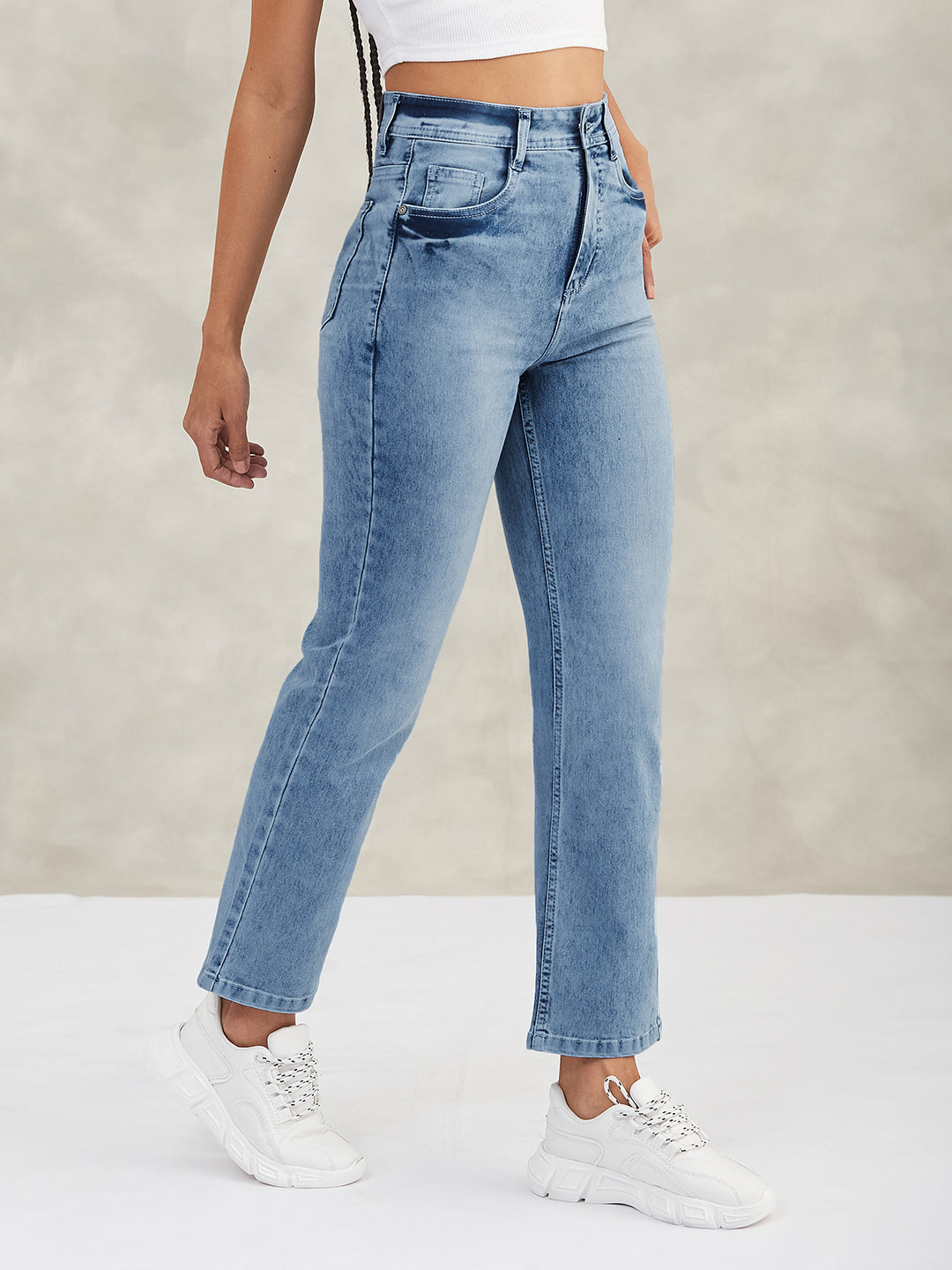 Women's Light Blue Wide-Leg Fit High-Rise Stretchable Denim Jeans