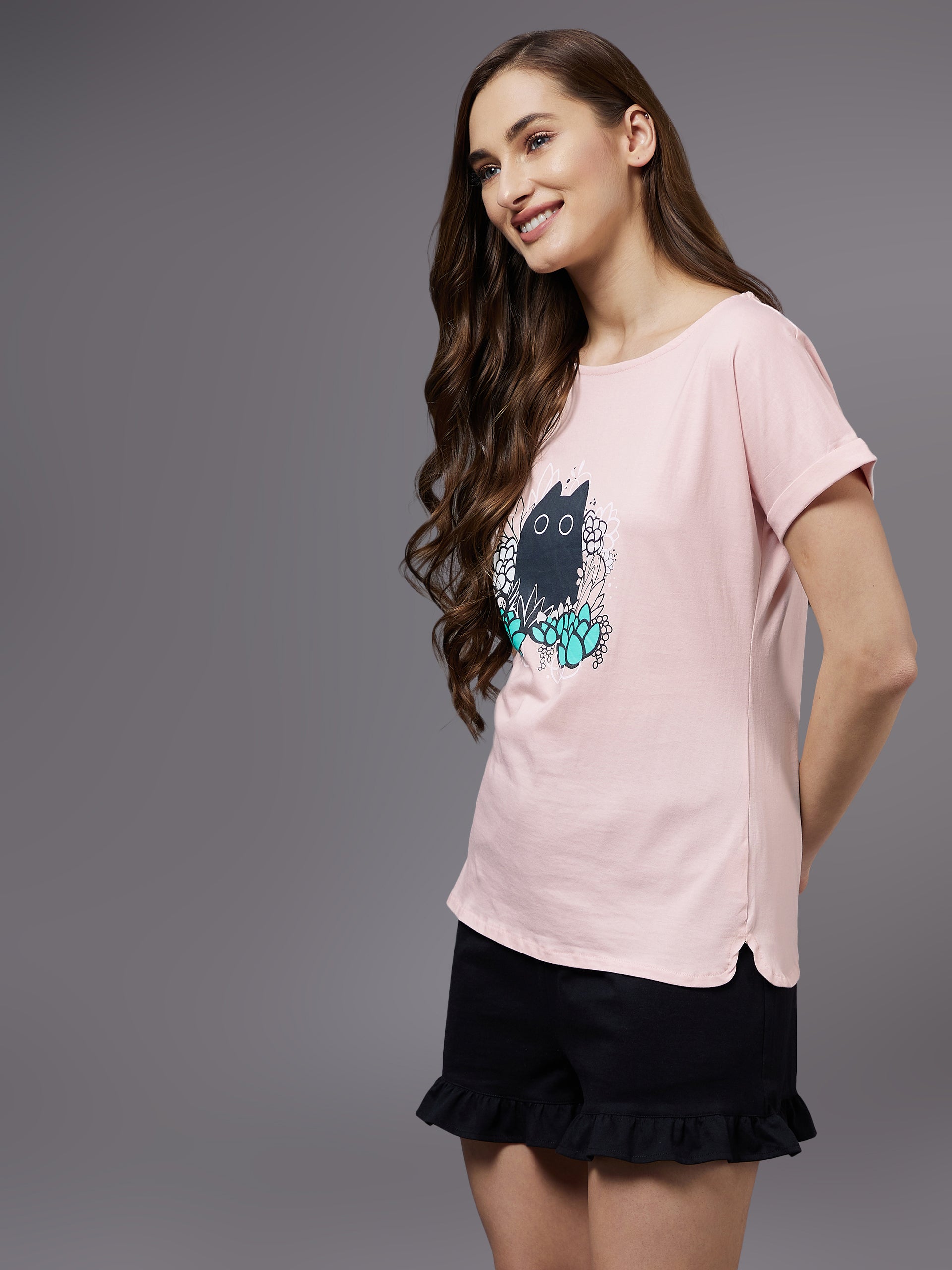 Women's Blush Pink round neck short sleeves printed long T-shirt