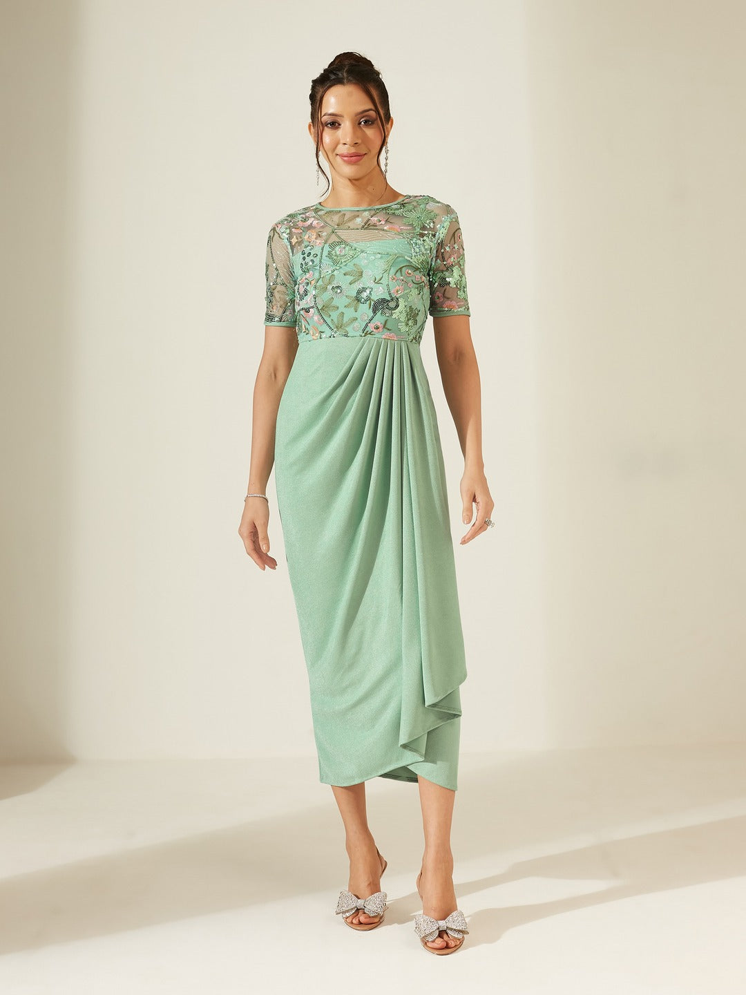 Mint Round-Neck Half-Sleeve Embroidered Draped Polyester Midi Dress for Women