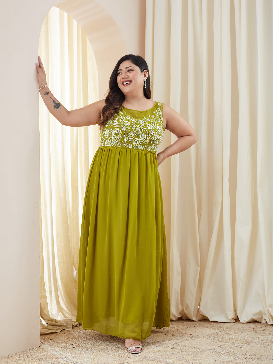 Lemon Green Boat-Neck Sleeveless Embroidered Georgette Gathered Maxi Dress for Women — Miss Chase A+