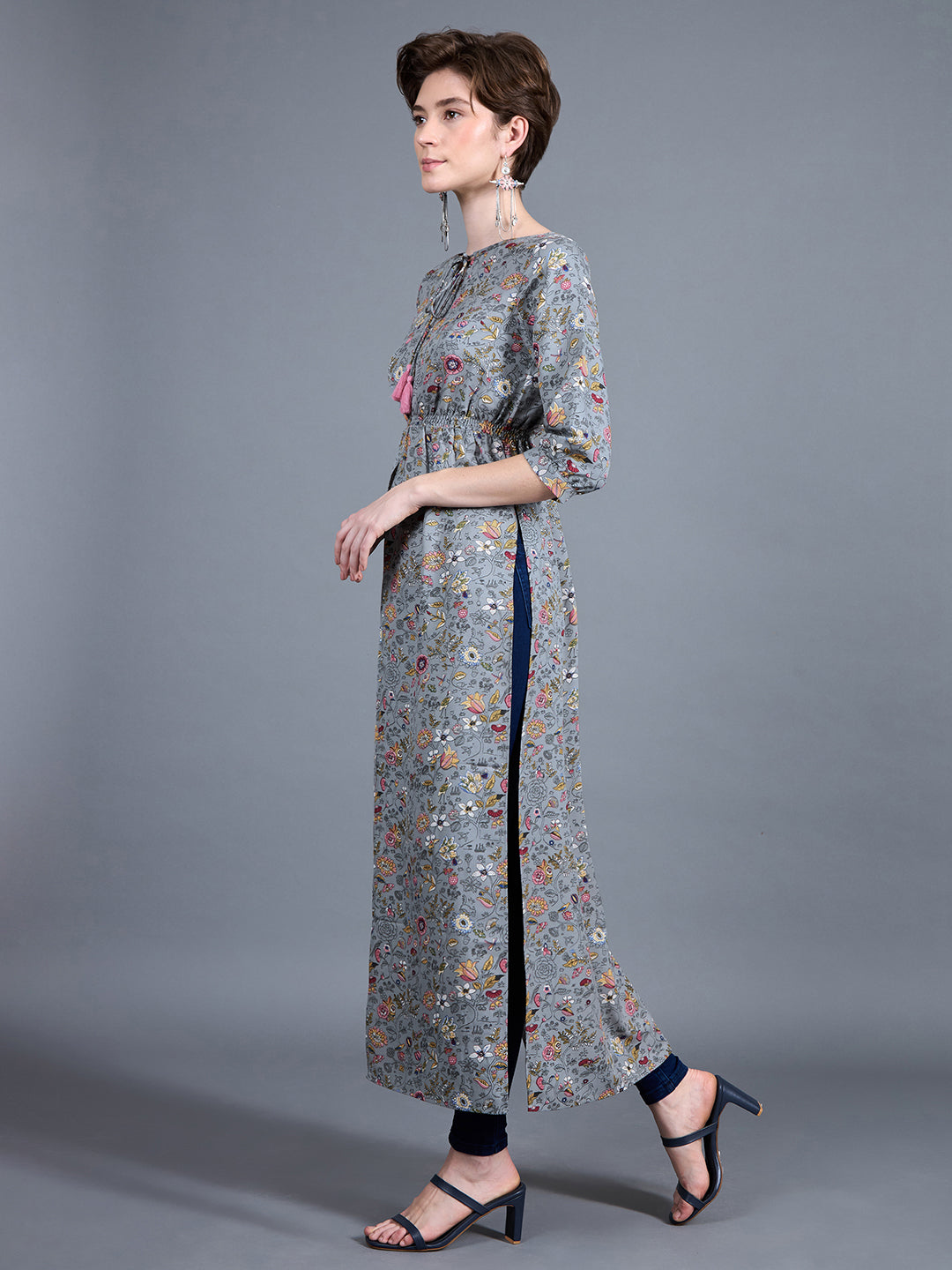 Women's Multicolored-Base-Grey Round neck 3/4th Sleeve Floral Elasticated Maxi Top