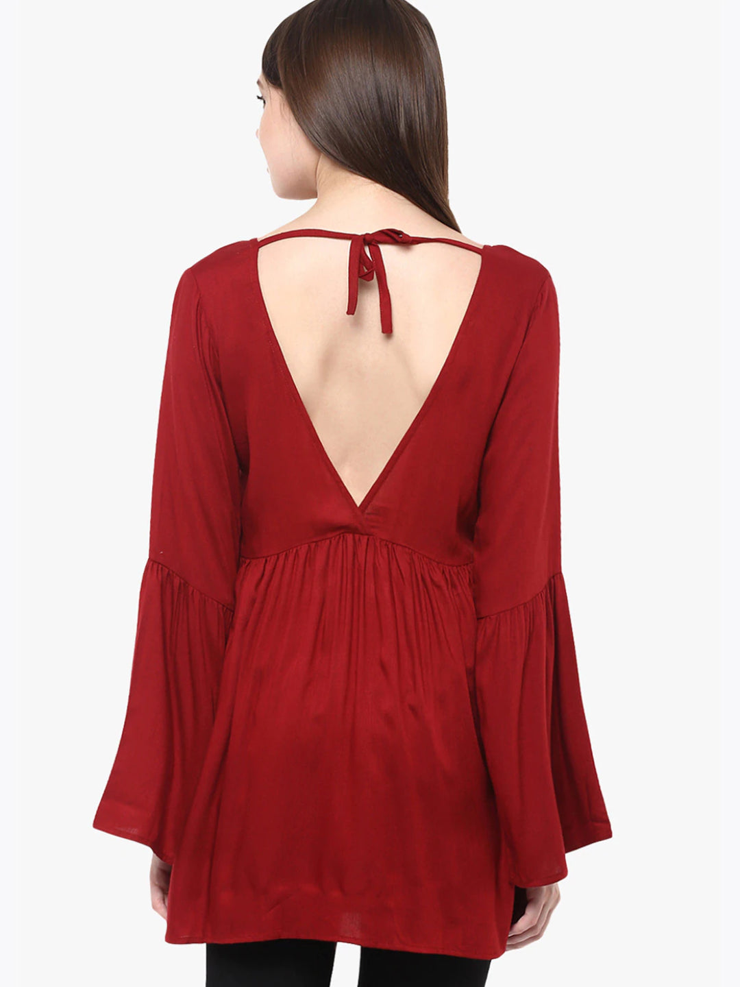 Women's Maroon V-Neck Full Sleeves Deep Back Gathered Bell Sleeves Top